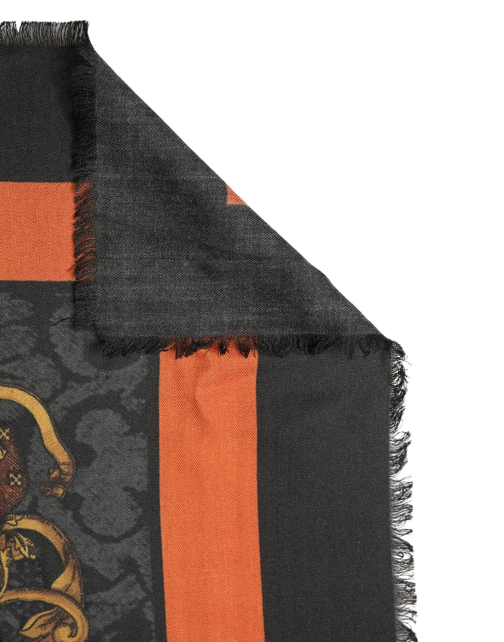 Écharpe homme dolce & gabbana en cachemire noir et orange avec motifs multicolores et bords effilochés