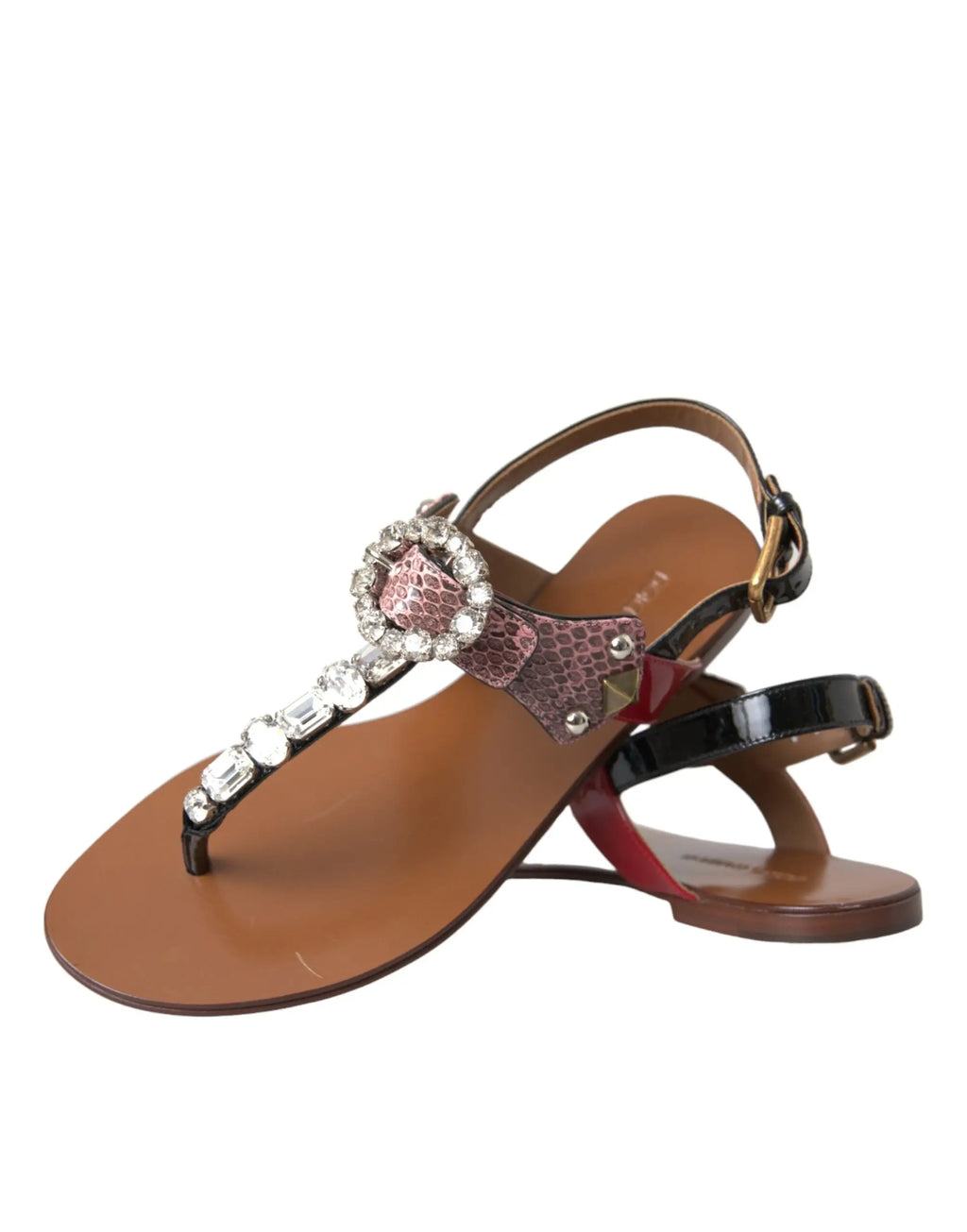 Sandales marron en cuir dolce & gabbana avec boucle rose effet peau de serpent ornée de cristaux clairs et brides noires vernies