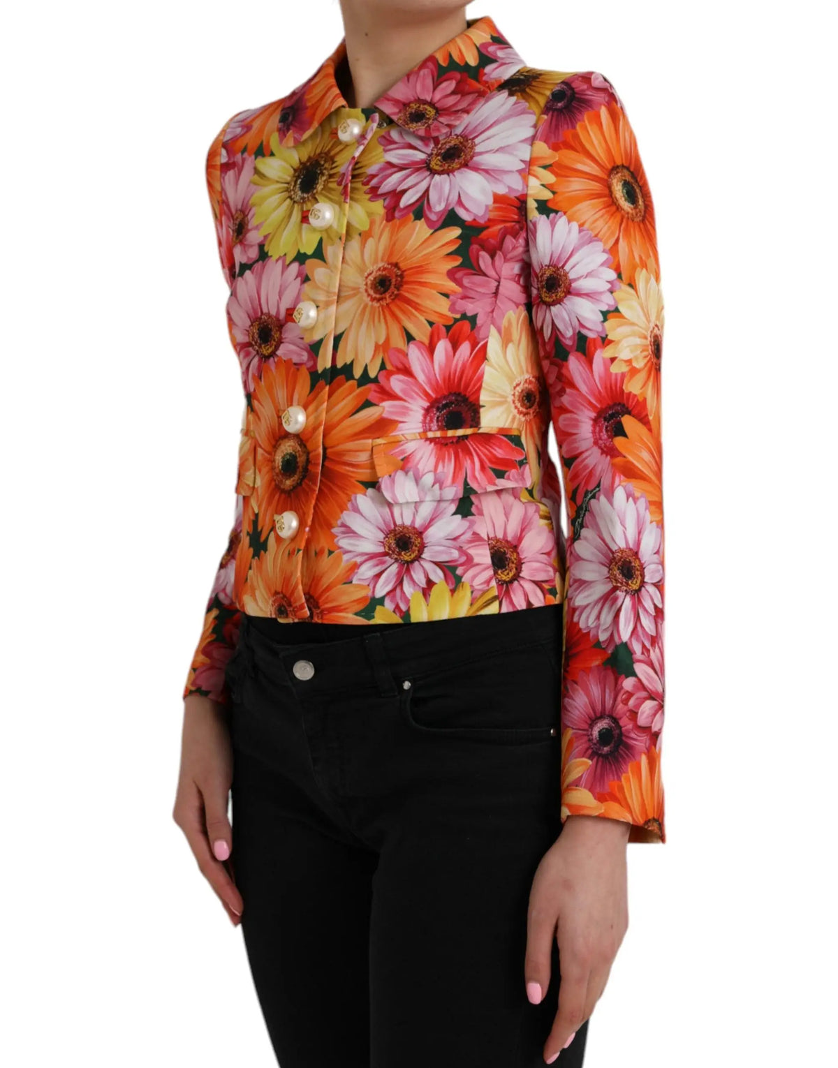 Veste dolce & gabbana multicolore avec imprimé floral de marguerites orange rose et jaune sur fond vert foncé