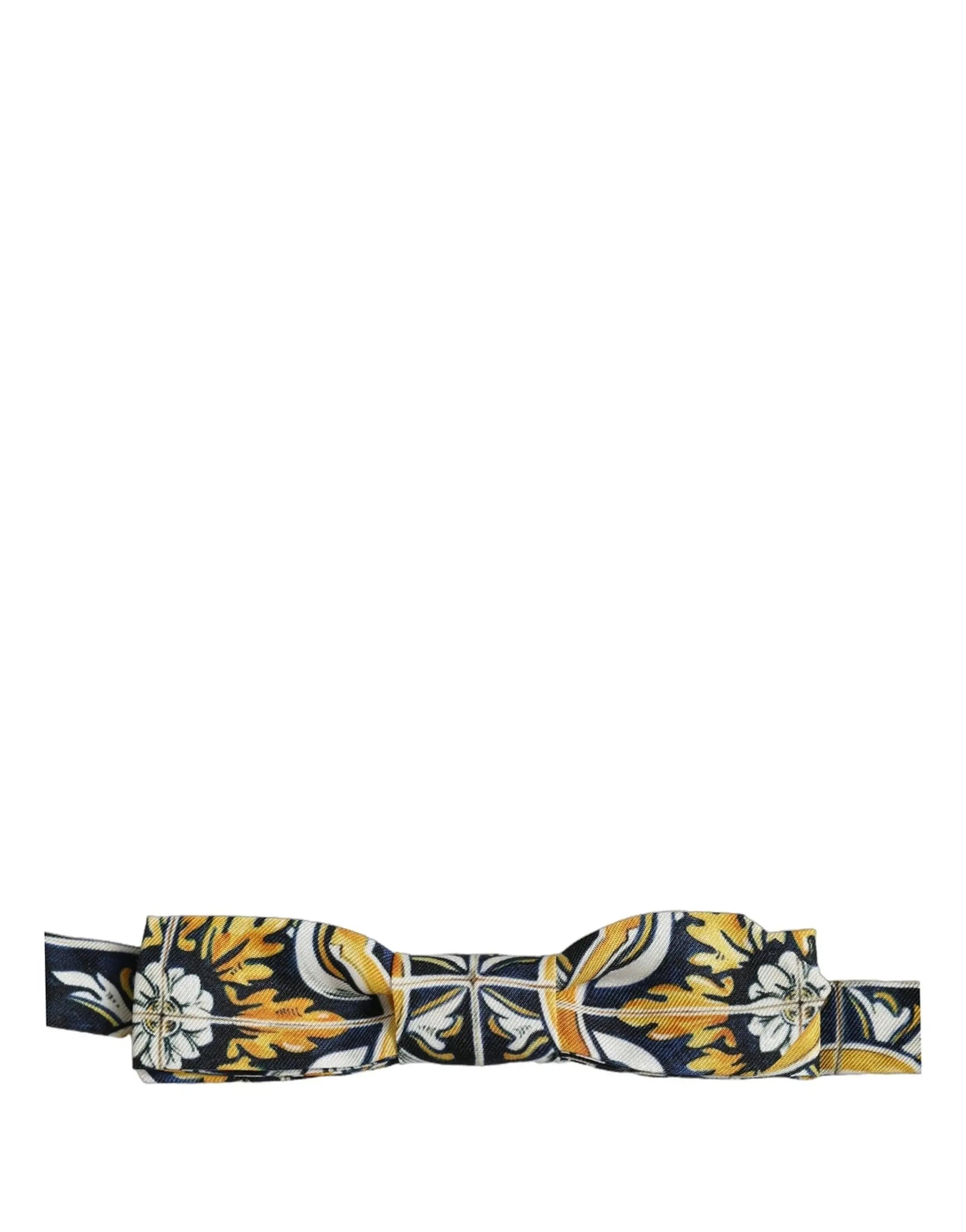 Dolce & gabbana papillon réglable bleu marine et or à motif floral avec touches blanches en style damas multicolore