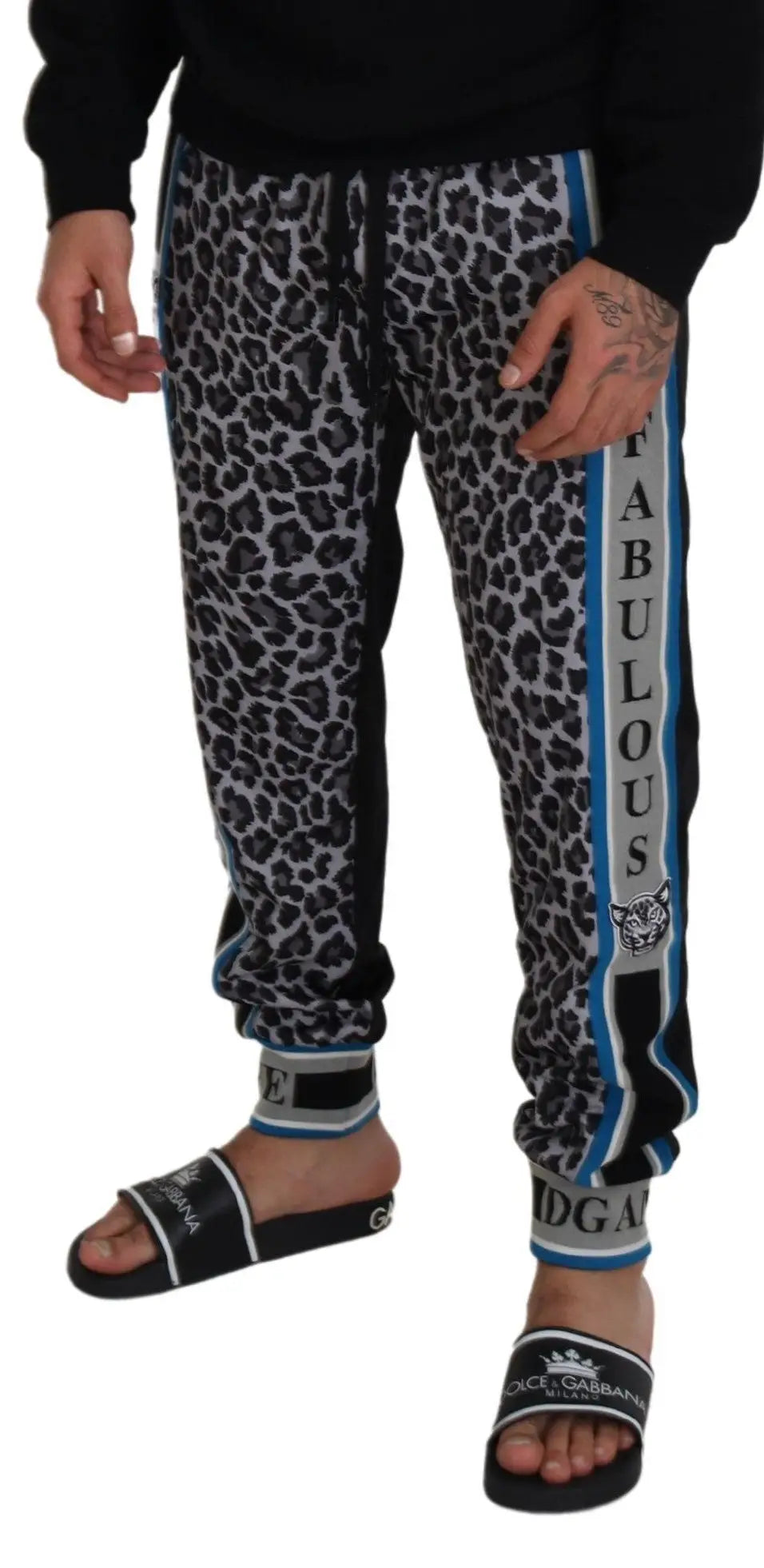 Joggers dolce & gabbana multicolores en léopard noir et gris avec rayures bleues et logo tigre blanc