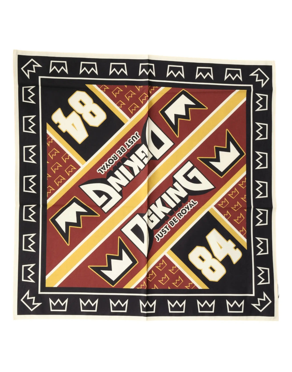 Carre foulard dolce & gabbana multicolore dg king 50,5cm x 50cm avec motif rouge et noir et texte woking 84 en blanc