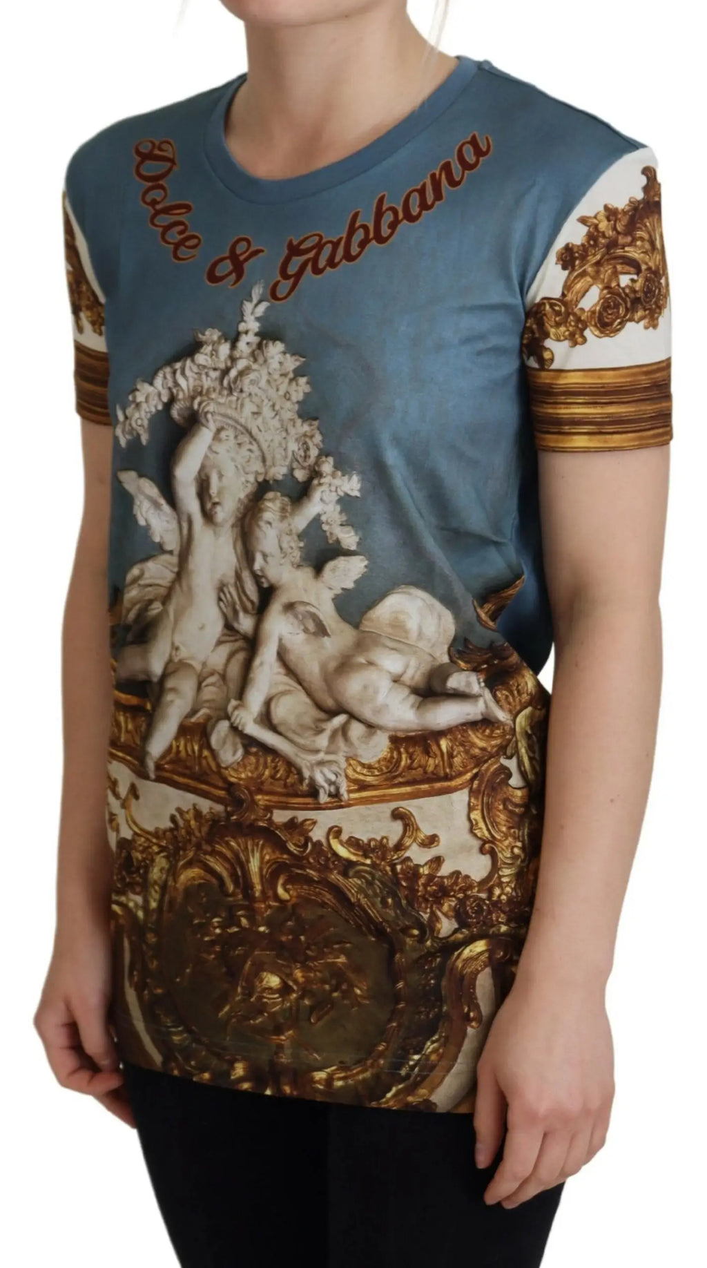 T-shirt bleu dolce & gabbana avec impression danges et ornements dorés détaillés multicolores dg logo