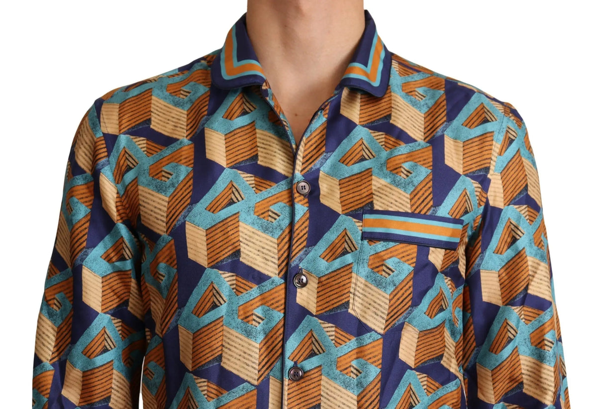 Chemise homme dolce & gabbana manches longues en soie avec motif géométrique cubique multicolore bleu marine