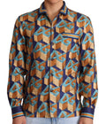 Chemise homme dolce & gabbana multicolor en soie à manches longues avec motif géométrique cubes 3d tan et teal sur fond bleu marine