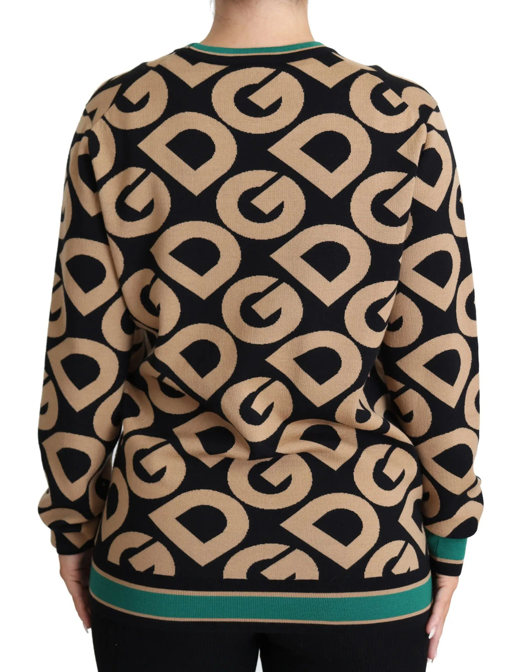 Sweatshirt dolce & gabbana multicolore en laine avec logo dg répété noir et beige et bordure turquoise au col et bas