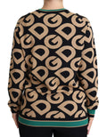 Sweatshirt dolce & gabbana multicolore en laine avec logo dg répété noir et beige et bordure turquoise au col et bas