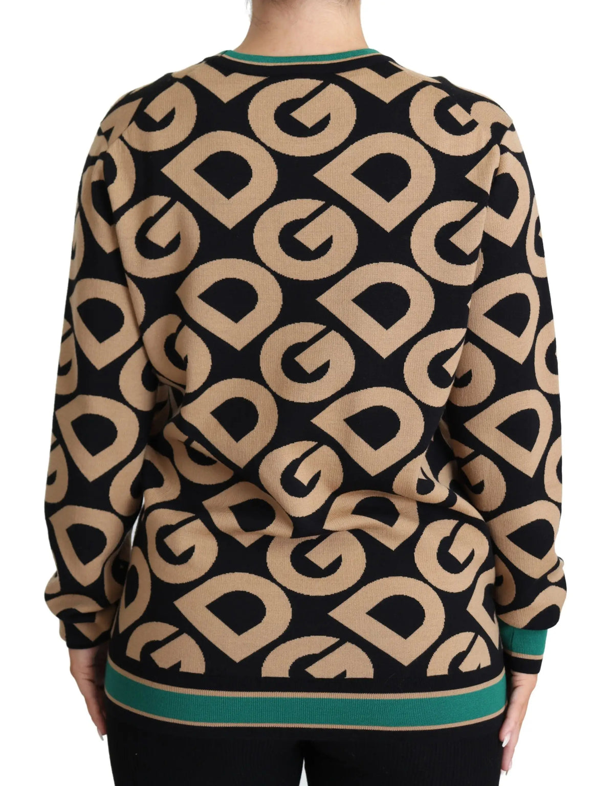 Sweatshirt dolce & gabbana multicolore en laine avec logo dg répété noir et beige et bordure turquoise au col et bas