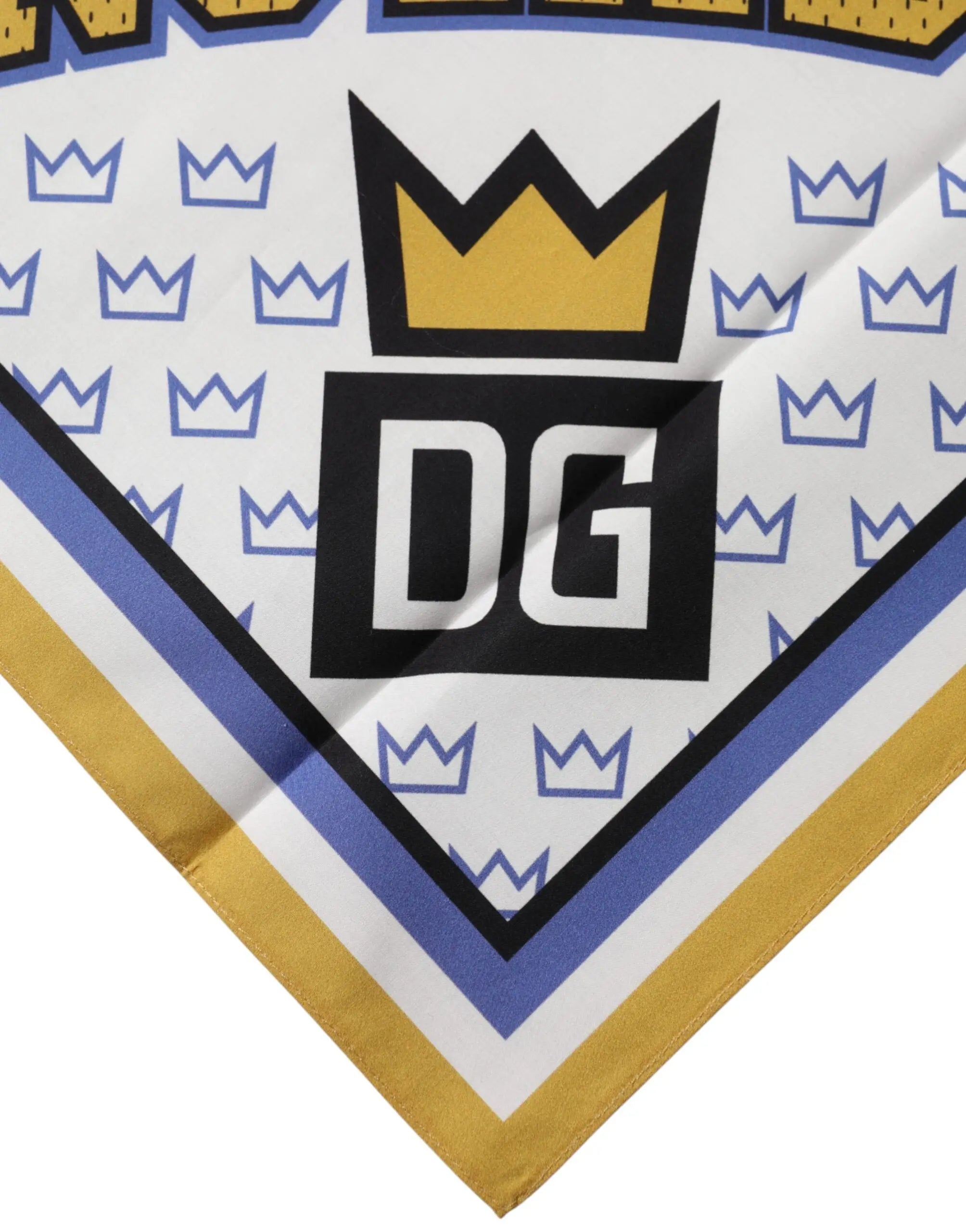 Bandana en soie blanche dolce & gabbana avec logo couronne noir et or dg et bordure bleu et or 50cm x 50cm