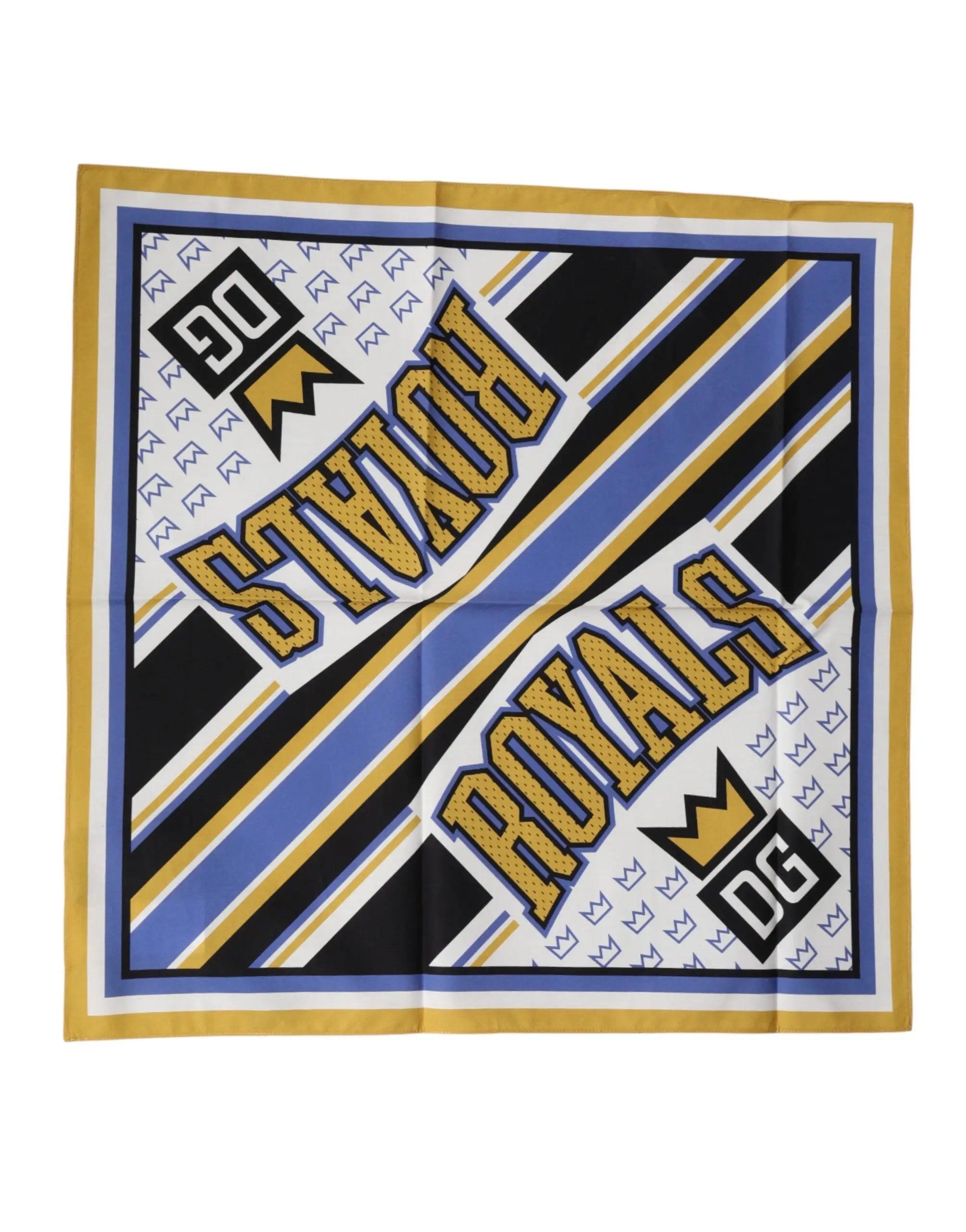 Foulard carré en soie dolce & gabbana multicolore avec rayures diagonales noires bleues et dorées et logos royals