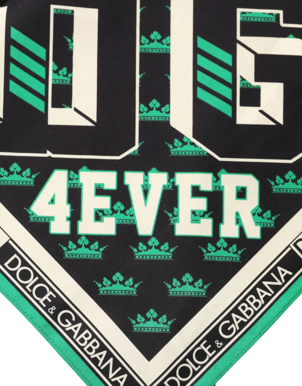 Bandana noir dolce & gabbana avec lettrage blanc et vert teal, motifs de couronne et design géométrique, foulard carré 50,5 cm