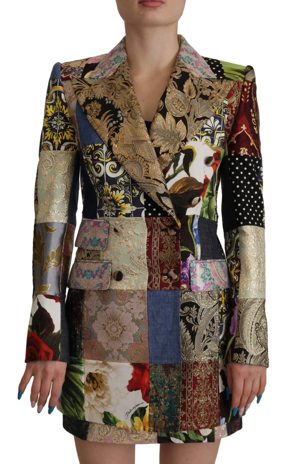 Blazer dolce & gabbana multicolore en jacquard patchwork double boutonnage avec motifs floraux rouges bleus verts et or