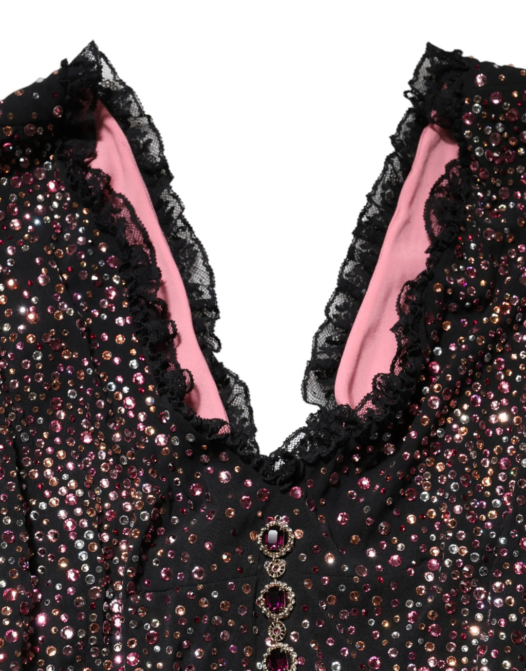 Robe sirène dolce & gabbana noire sequins avec doublure rose et bordure en dentelle multicolore embellie