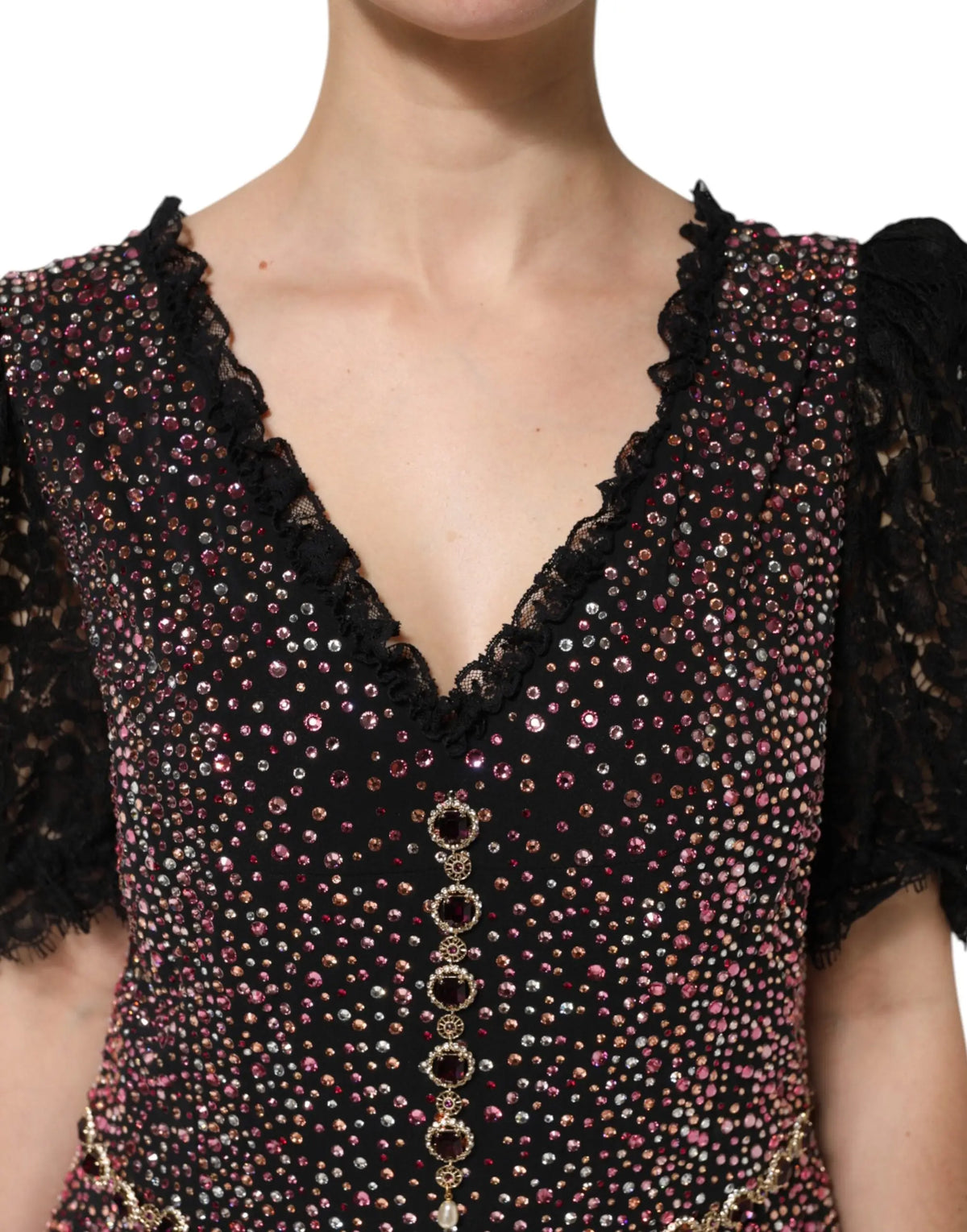 Robe sirène dolce & gabbana noire en dentelle ornée de strass roses et argentés v col et manches bouffantes délicates
