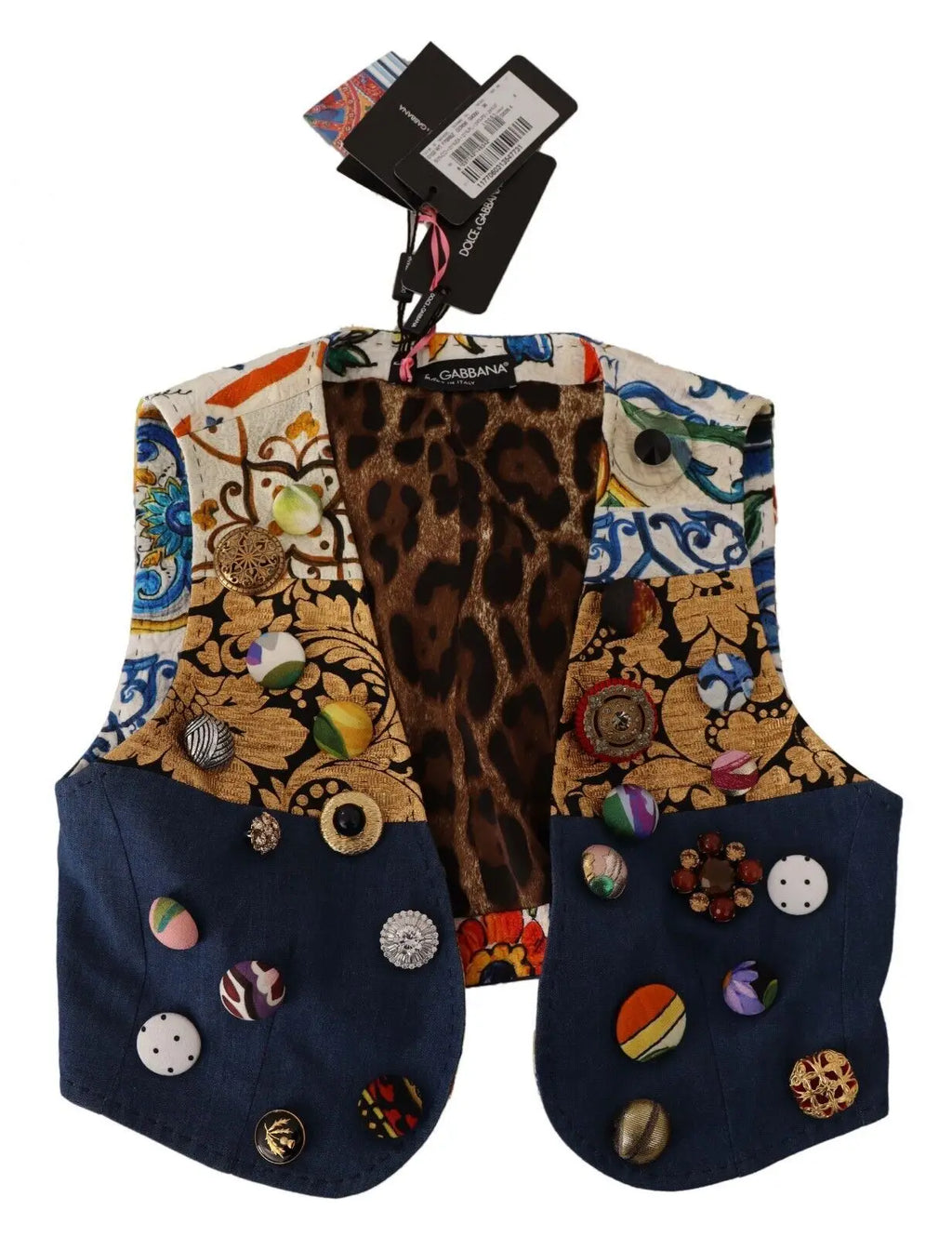 Dolce & gabbana gilet multicolore en coton avec imprimé léopard et boutons colorés sur panneaux bleu marine