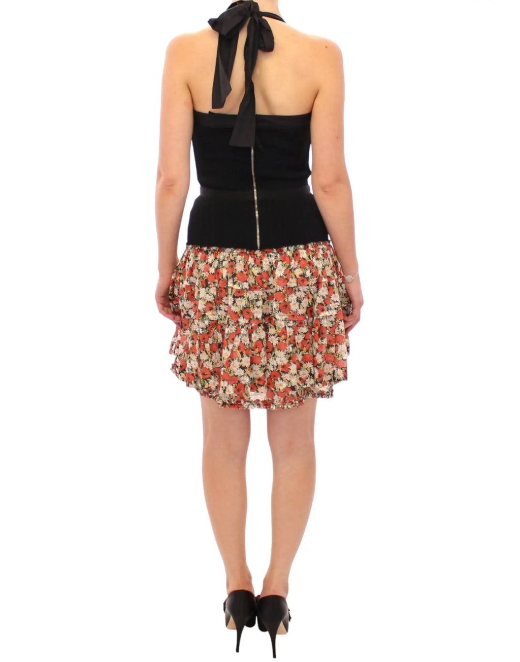 Vue de dos robe dolce & gabbana multicolore avec haut dos nu noir à fermeture éclair dorée et jupe à volants florale orange et crème
