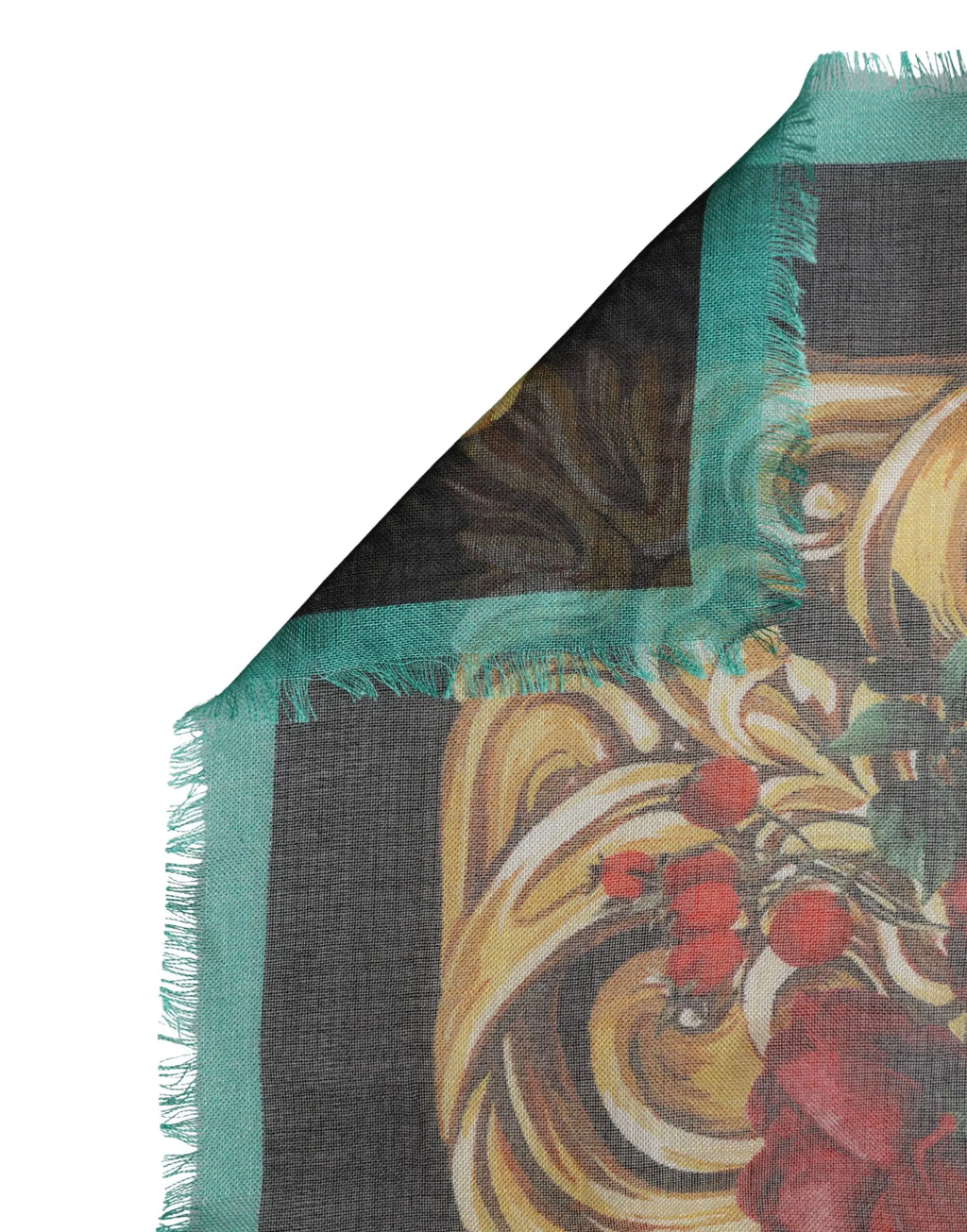 Dolce & gabbana foulard carré 134x134 cm en cachemire multicolore avec motifs floraux, tour de cou bleu sarcelle avec arabesques dorées et baies rouges