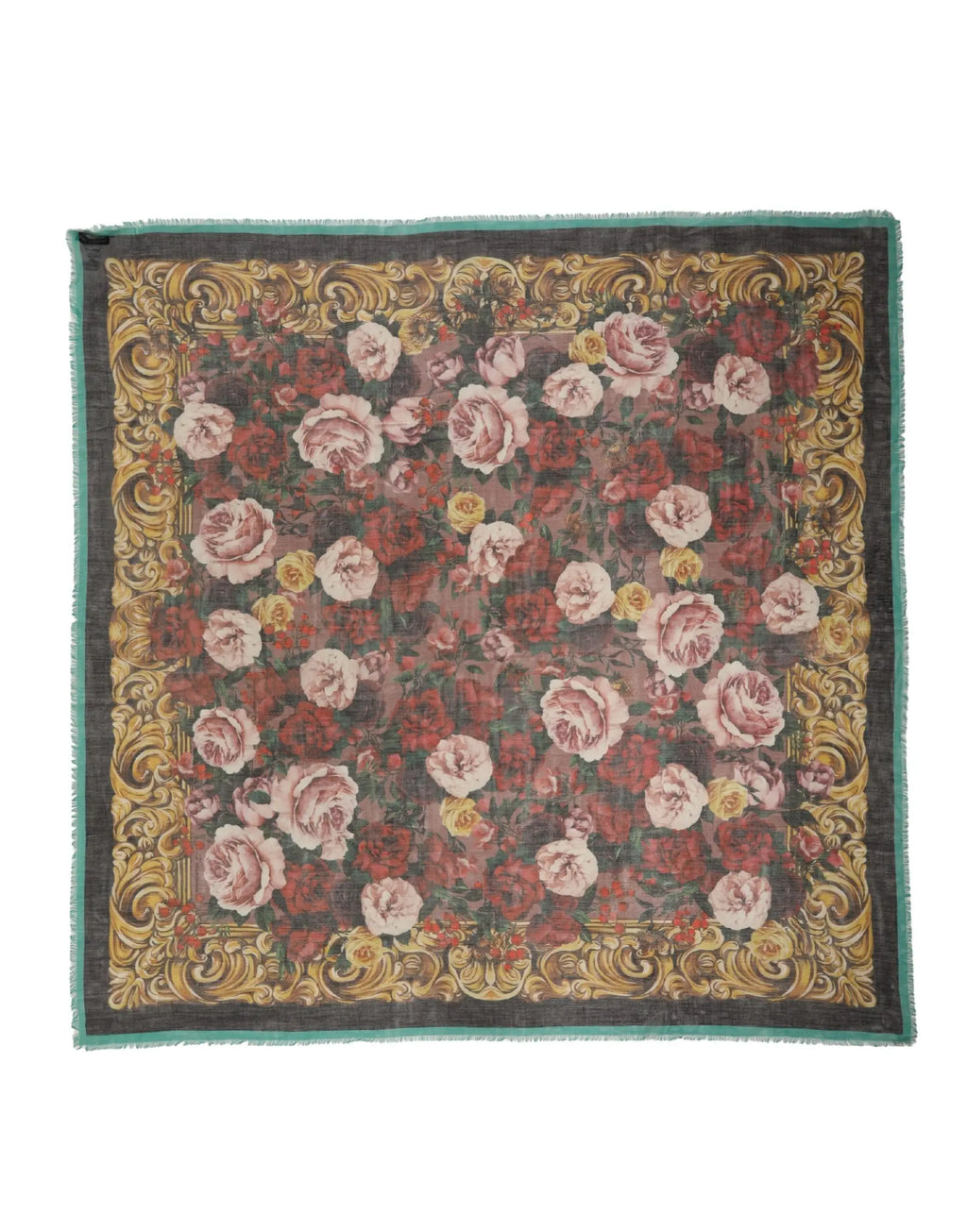 Écharpe carrée dolce & gabbana en cachemire multicolore avec motif floral dense et bordures frangées bleu sarcelle