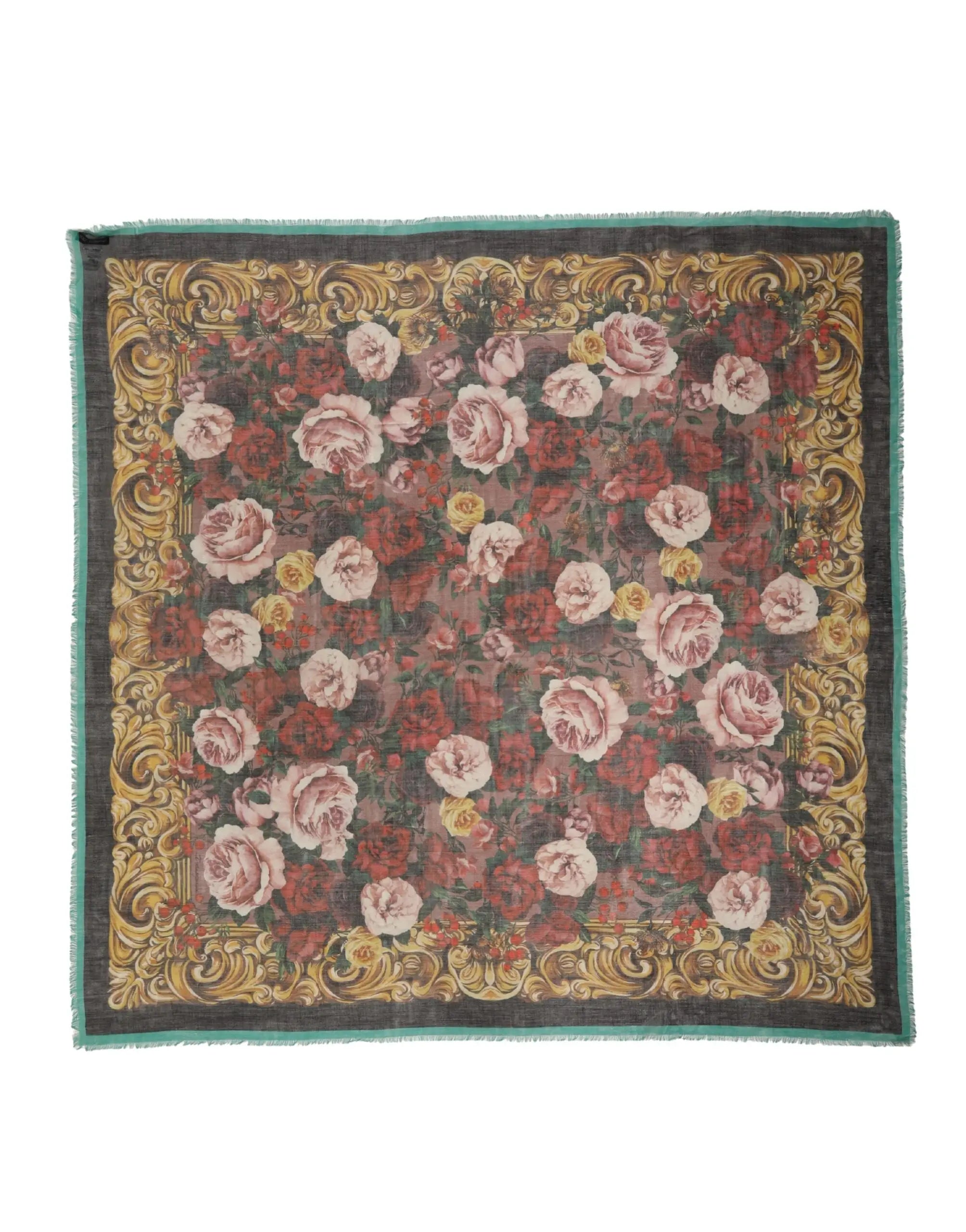 Écharpe carrée dolce & gabbana en cachemire multicolore avec motif floral dense et bordures frangées bleu sarcelle