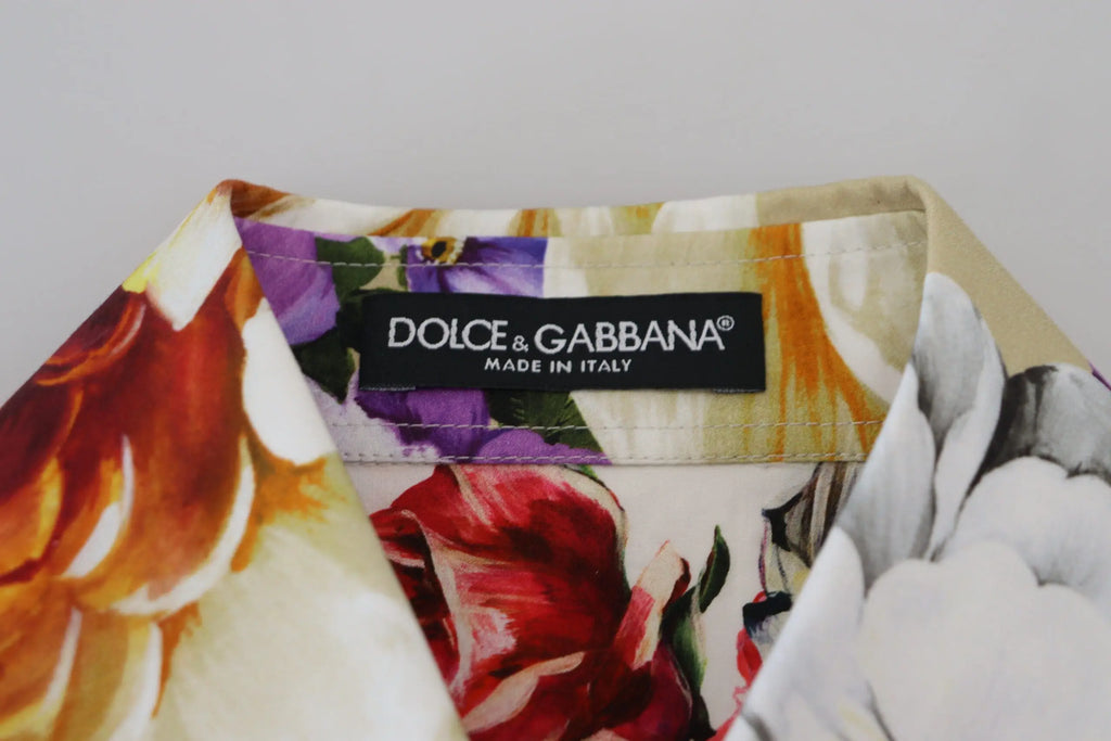 Blouse dolce & gabbana à col en coton avec imprimé floral multicolore rouge violet et orange sur fond crème