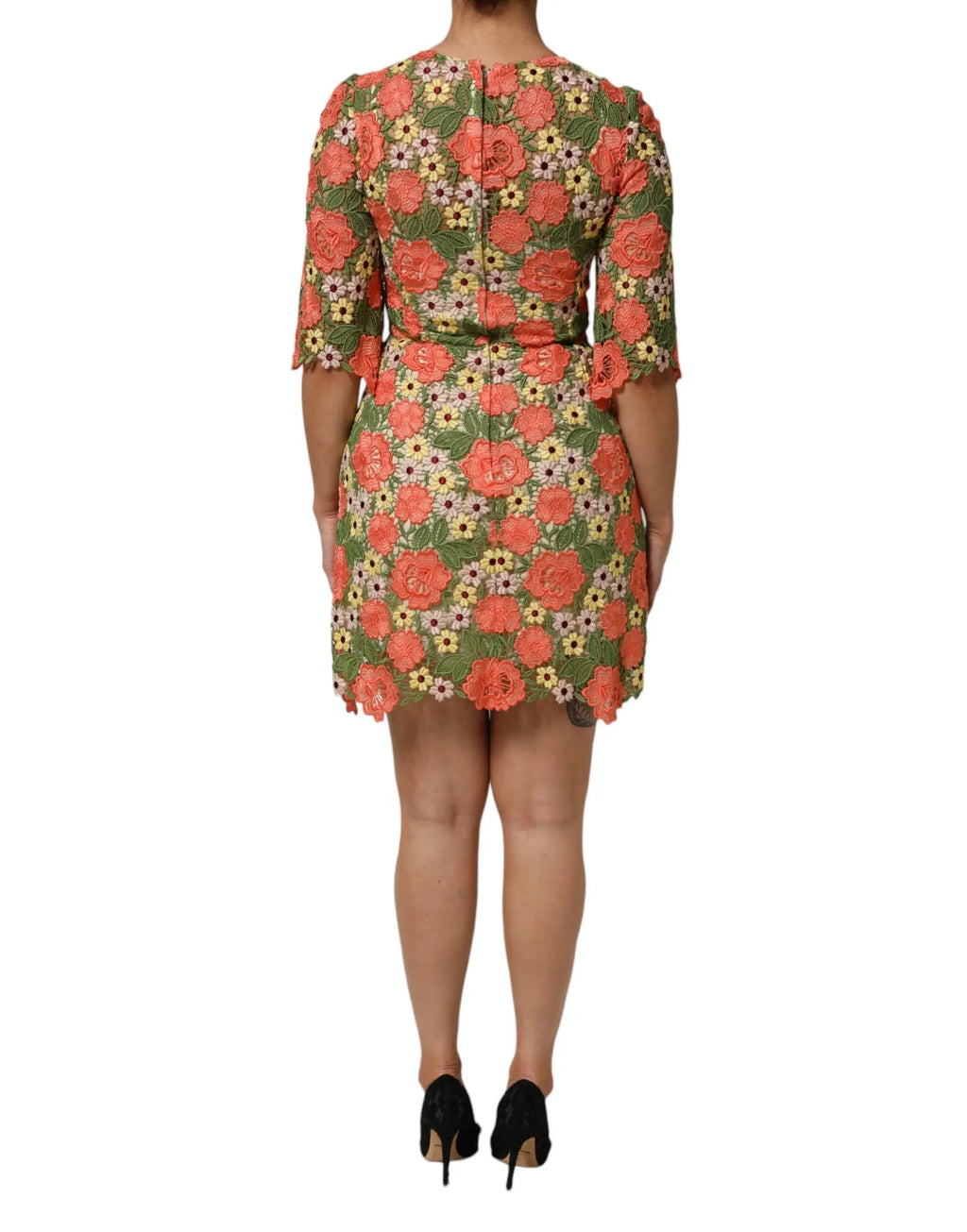 Robe mini dolce & gabbana en dentelle florale multicolore avec roses corail et manches trois-quarts ajustée à la taille
