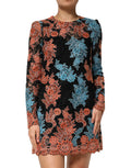 Robe courte en dentelle noire dolce gabbana à motifs floraux orange et teal avec manches longues et ourlet festonné