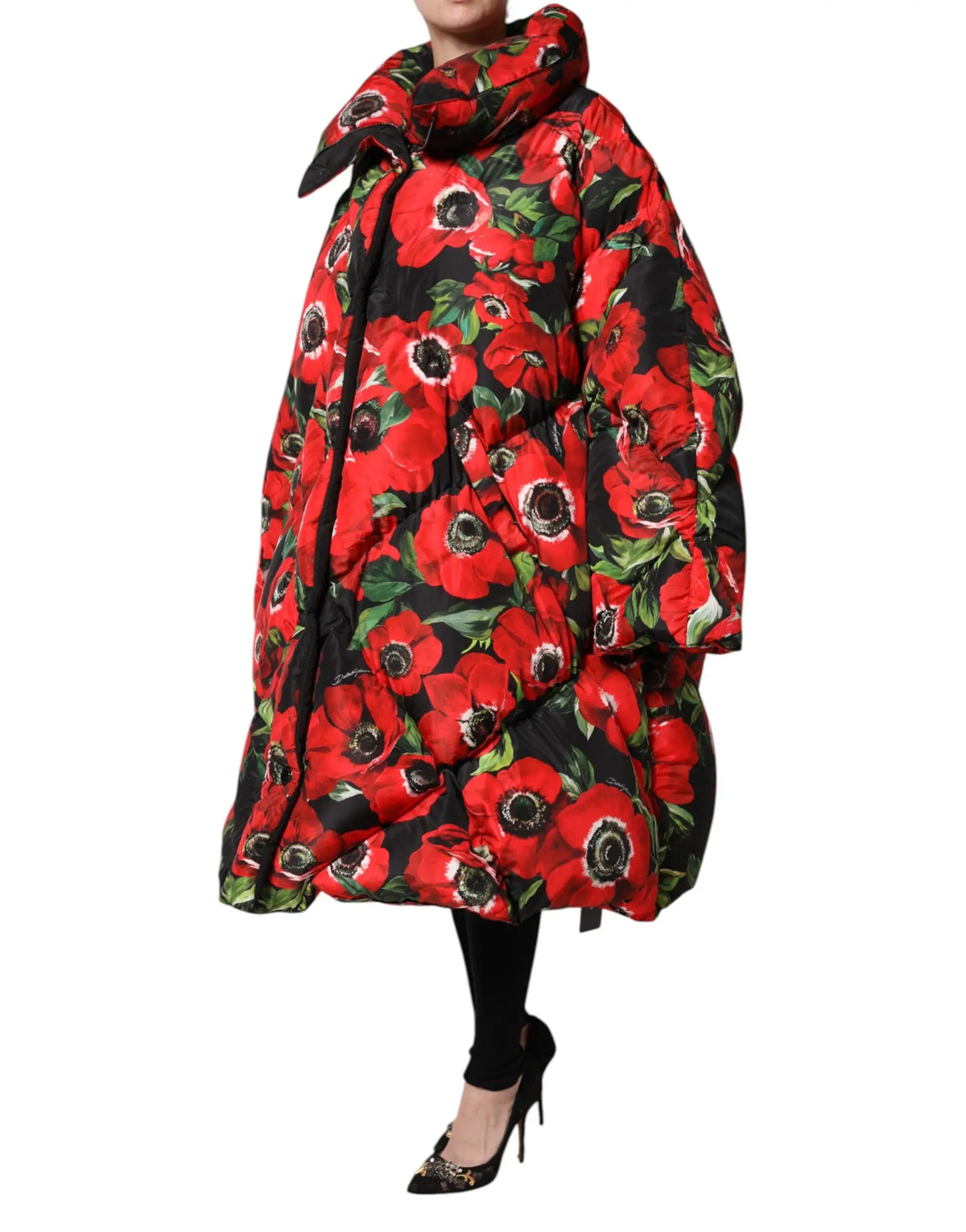 Dolce & gabbana multicolor floral full zip padded jacket in voluminous red and black with bold poppy prints