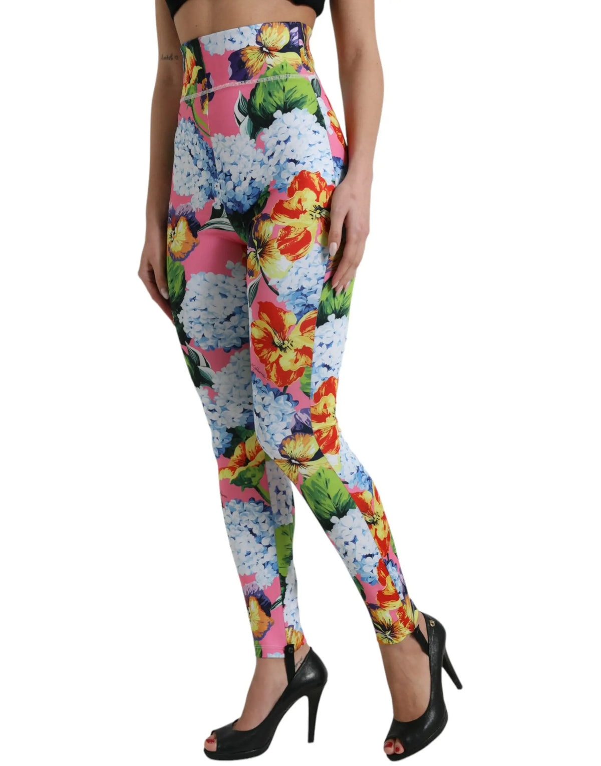 Legging dolce & gabbana taille haute à imprimé floral multicolore en tissu stretch rose bleu et orange
