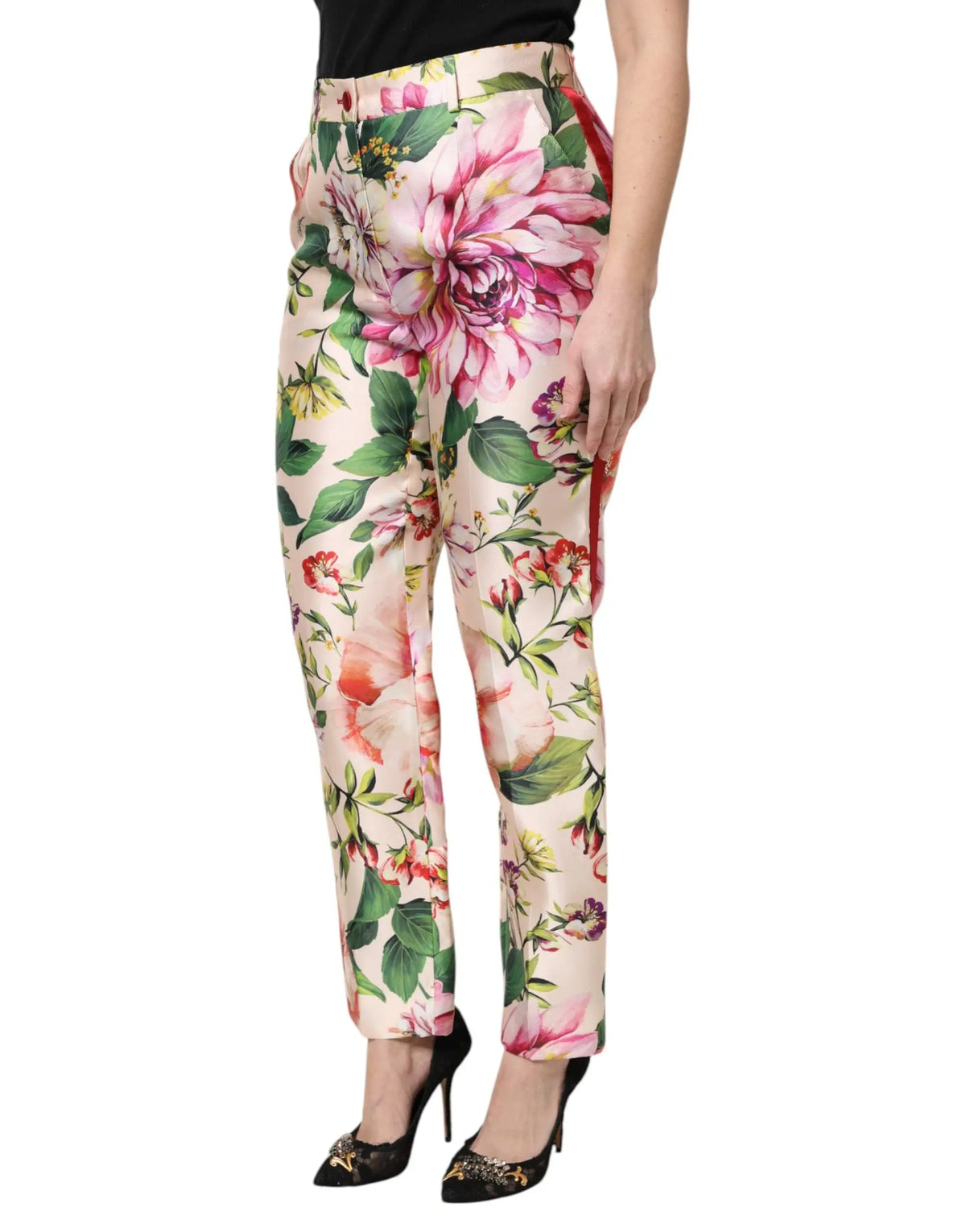 Pantalon droit taille haute dolce gabbana imprimé floral multicolore en base crème avec fleurs roses et rouges vibrant