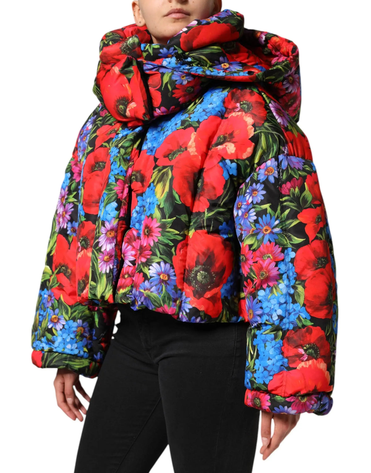 Dolce & gabbana multicolor floral hooded puffer coat with vibrant red blue and purple floral print on black background