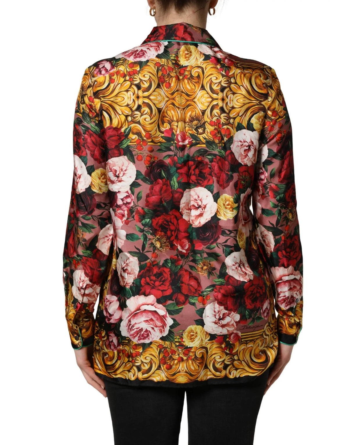 Blouse longue à manches dolce & gabbana en soie rose brun avec motif floral baroque doré multicolore