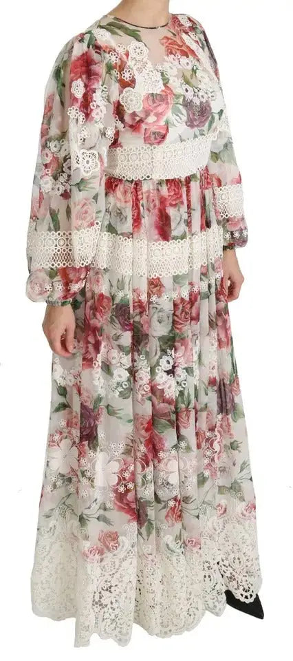Robe longue fluide dolce & gabbana à fleurs multicolores en tons pastels avec dentelle délicate au col et à l’ourlet
