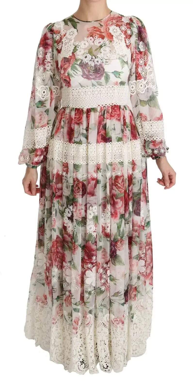 Robe longue florale douce rose et crème dolce & gabbana en mousseline avec dentelle délicate au col manches et ourlet
