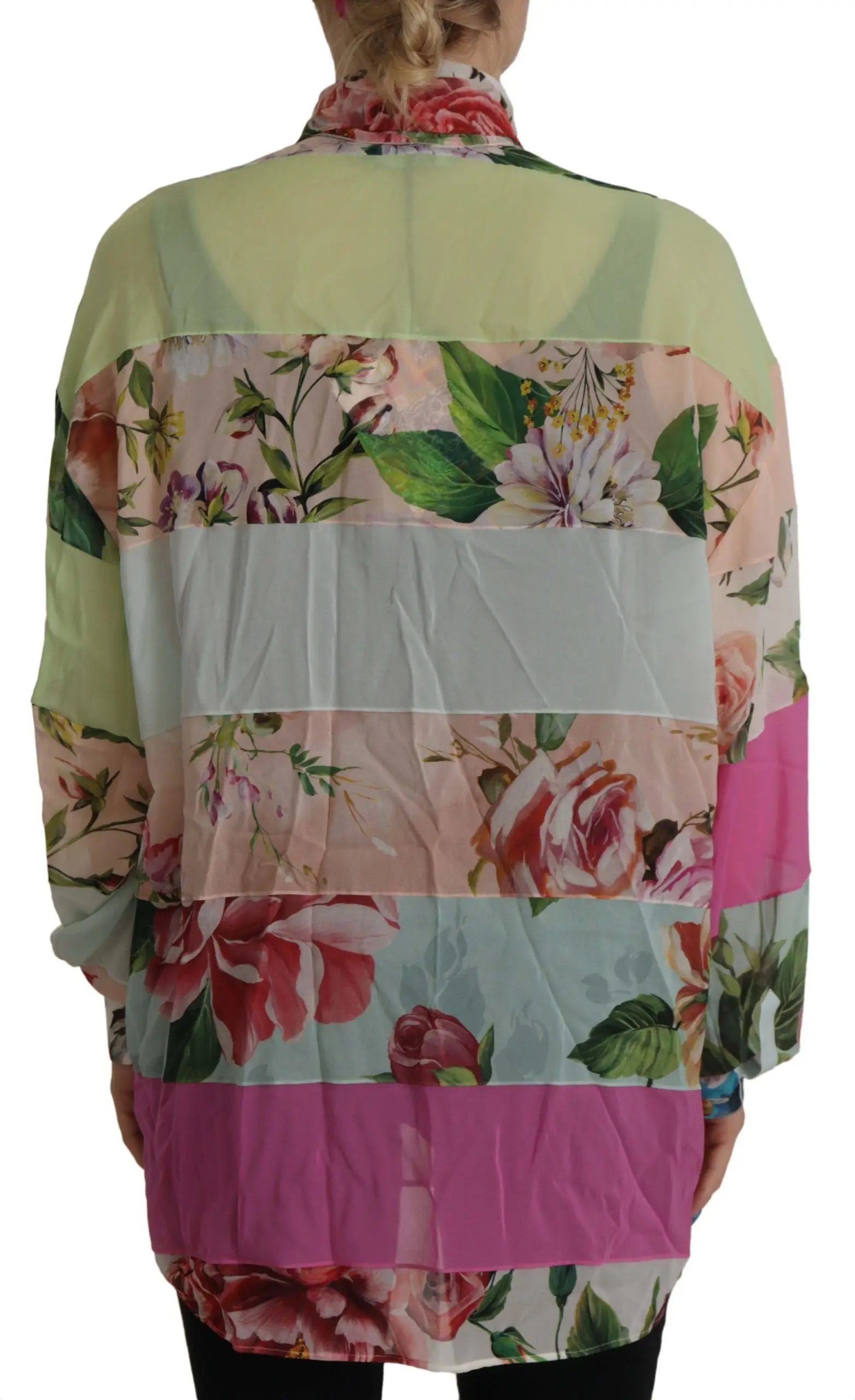 Blouse dolce & gabbana multicolore à imprimé floral avec rayures horizontales pastel vert rose et blanc col ascot