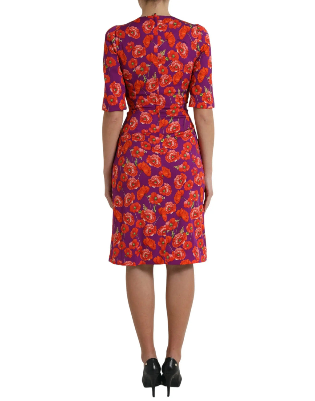 Dolce & gabbana robe fourreau midi violette avec motif floral coquelicot rouge manches trois-quarts et taille cintrée