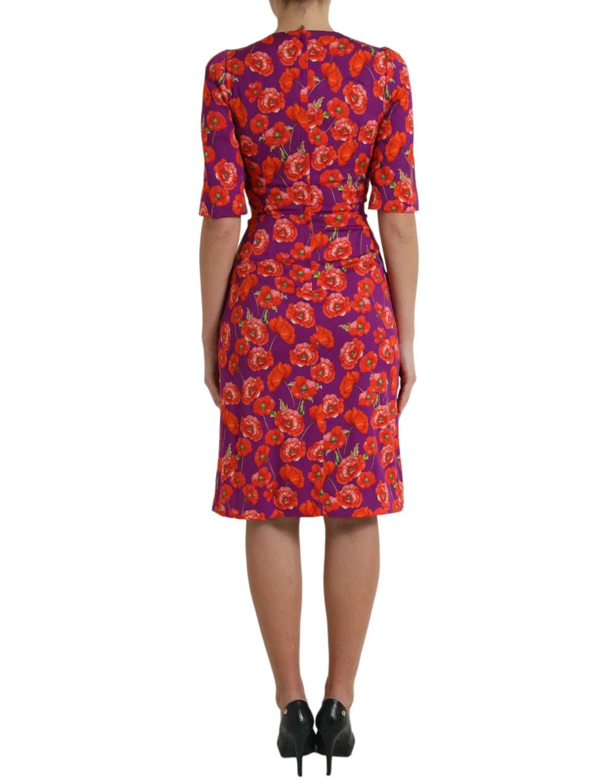 Dolce & gabbana robe fourreau midi violette avec motif floral coquelicot rouge manches trois-quarts et taille cintrée