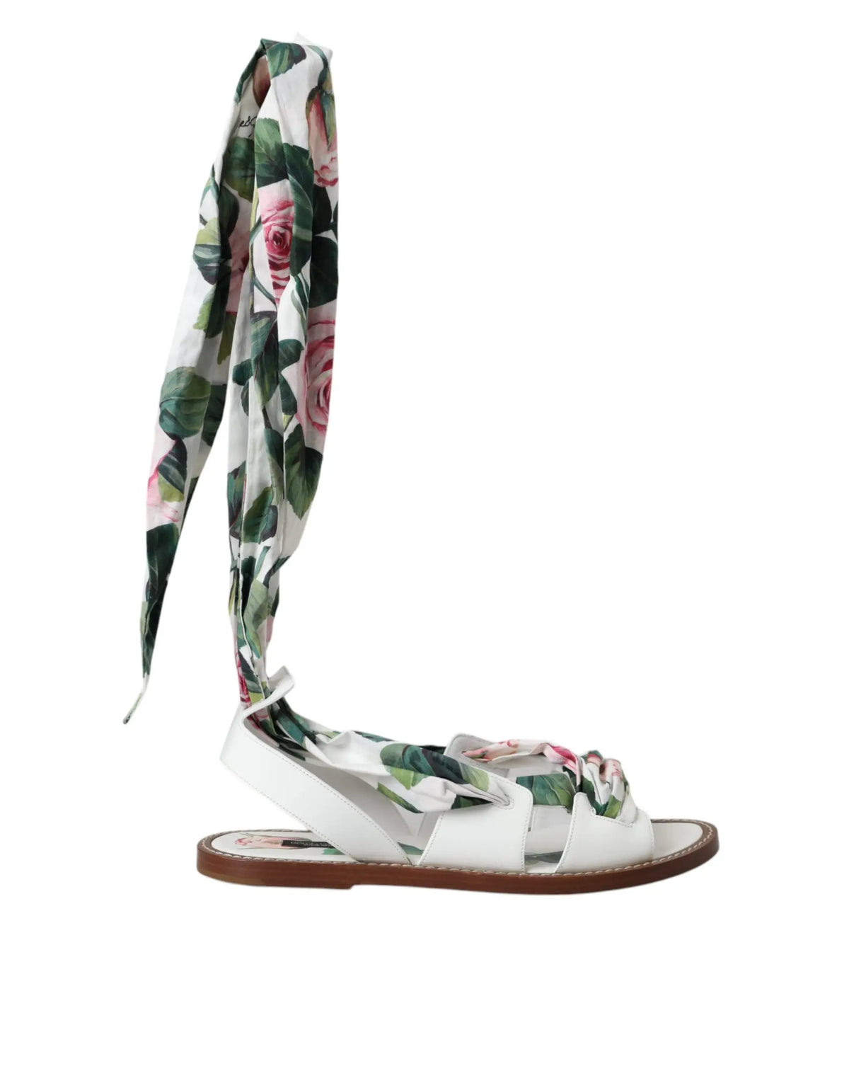 Sandales dolce & gabbana en cuir blanc avec lanière longue imprimée fleurs roses et feuilles vertes