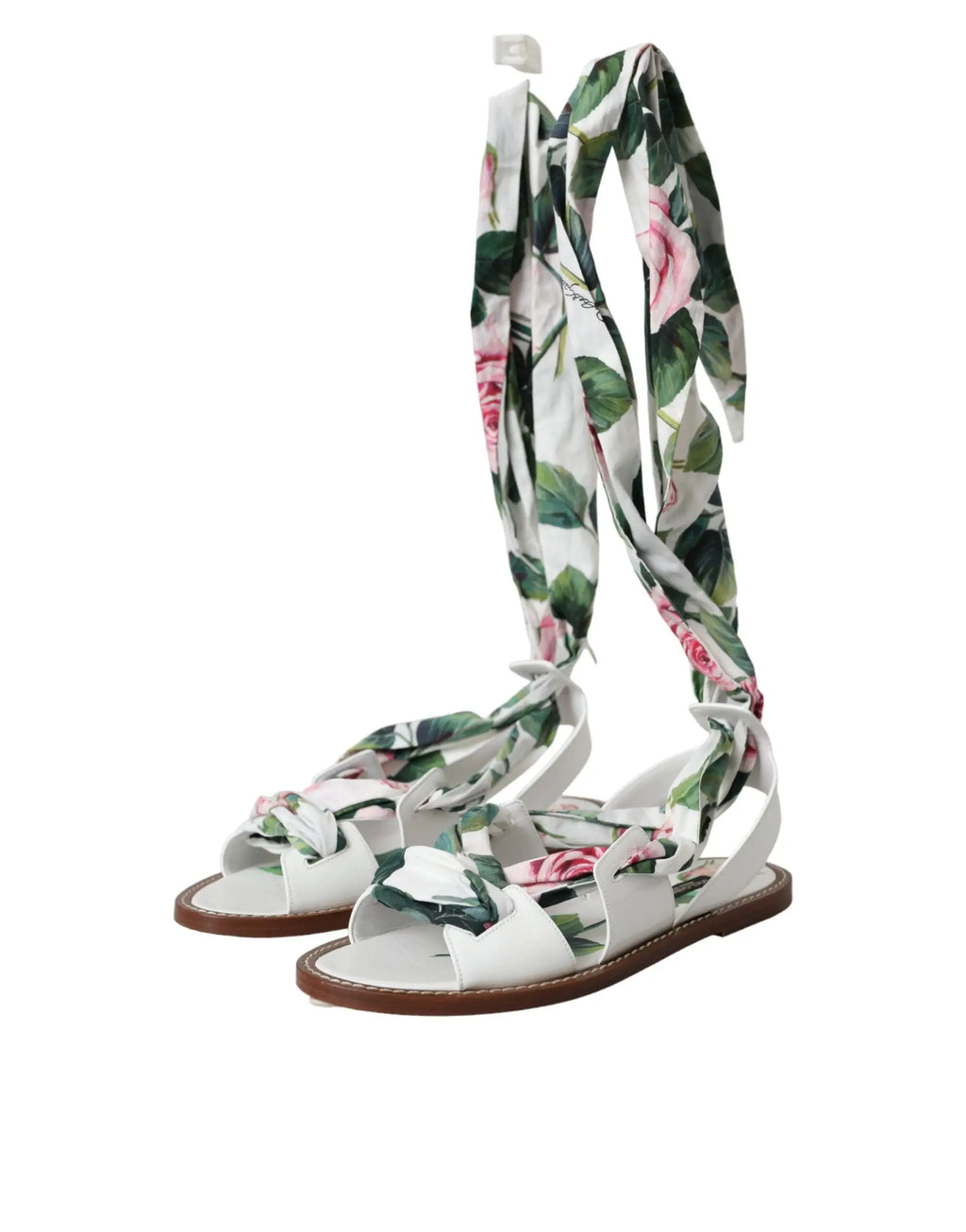 Sandales à lacets dolce & gabbana multicolores avec imprimé floral blanc roses roses et feuilles vertes en cuir blanc