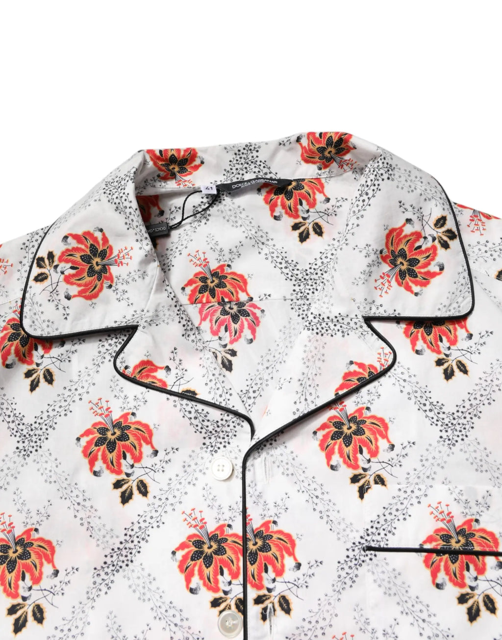 Haut de pyjama blanc dolce & gabbana en coton avec imprimé floral rouge et noir vif et bordure noire contrastée