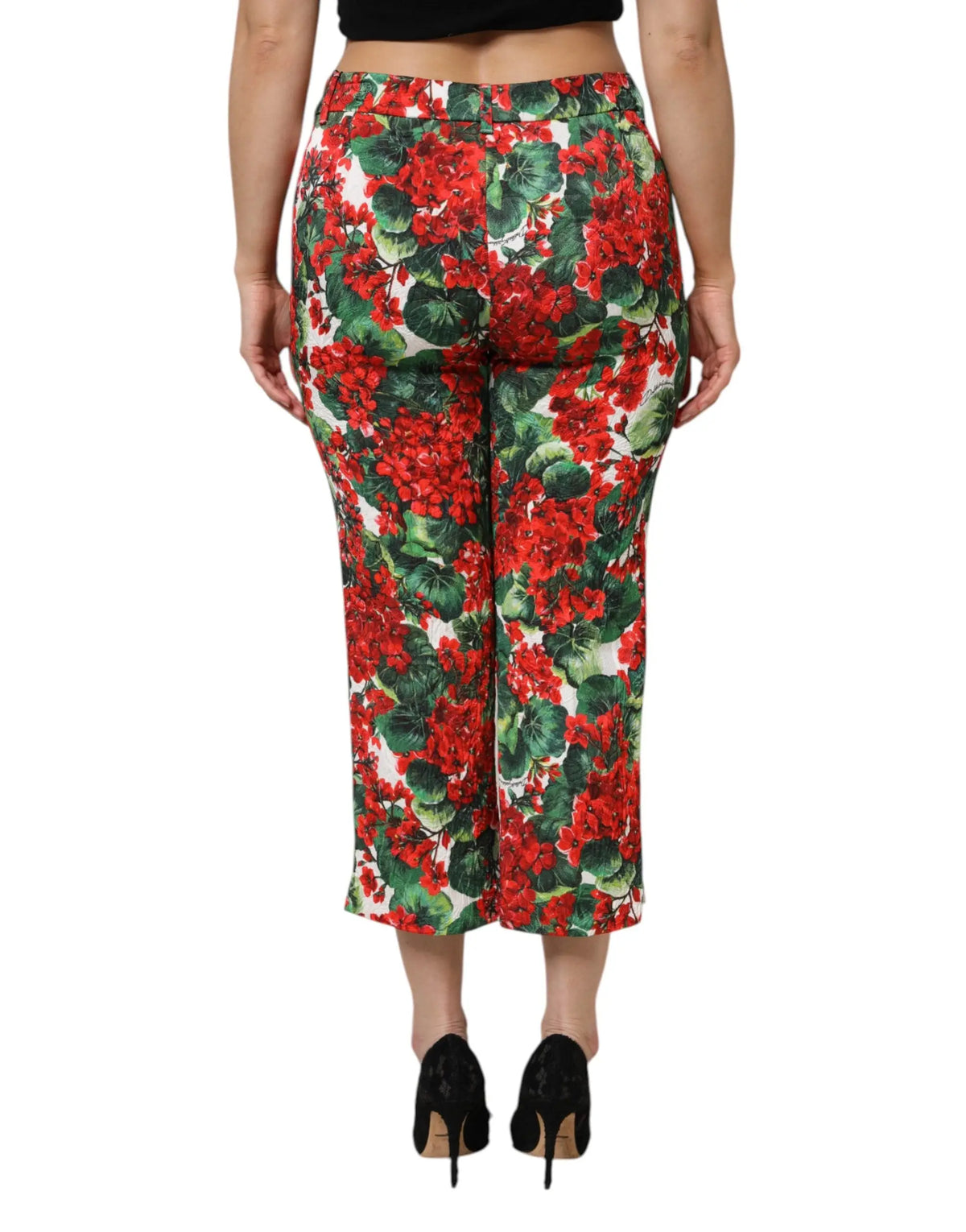 Pantalon court à jambes larges dolce & gabbana imprimé floral rouge et vert multicolore en tissu léger