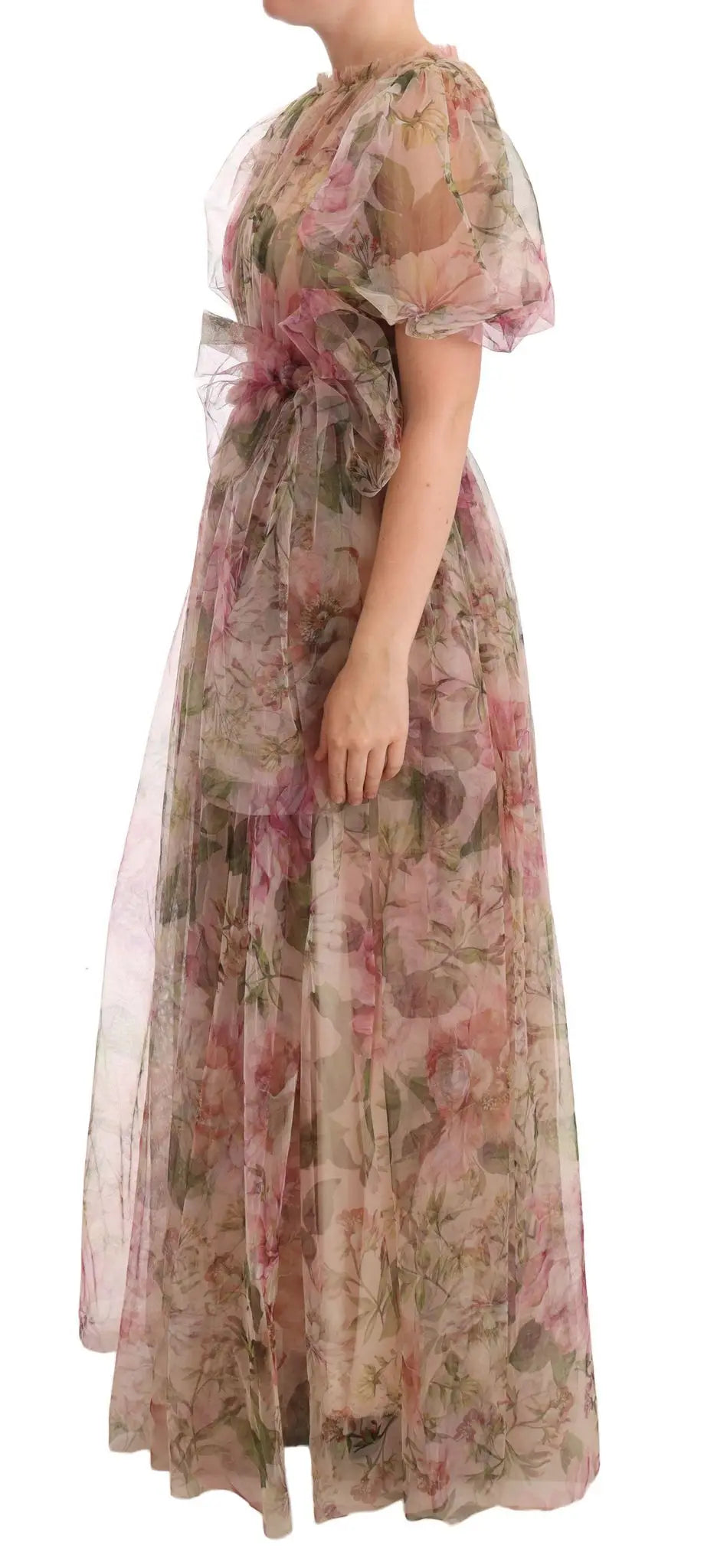 Robe longue maxi dolce gabbana fluide en voile rose et beige à imprimé floral avec manches courtes bouffantes et taille froncée