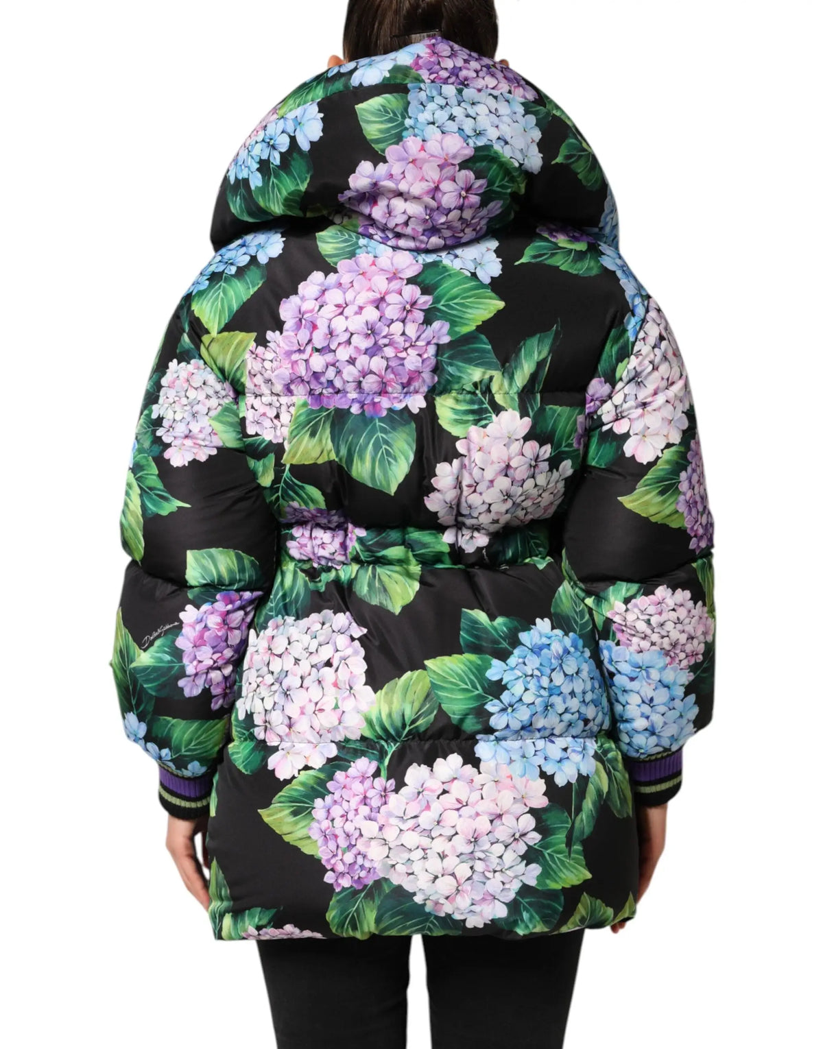 Doudoune matelassée noire Dolce & Gabbana avec imprimé floral hortensia multicolore violet rose bleu