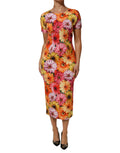 Robe midi en soie dolce gabbana à imprimé floral multicolore orange rose et jaune avec manches courtes
