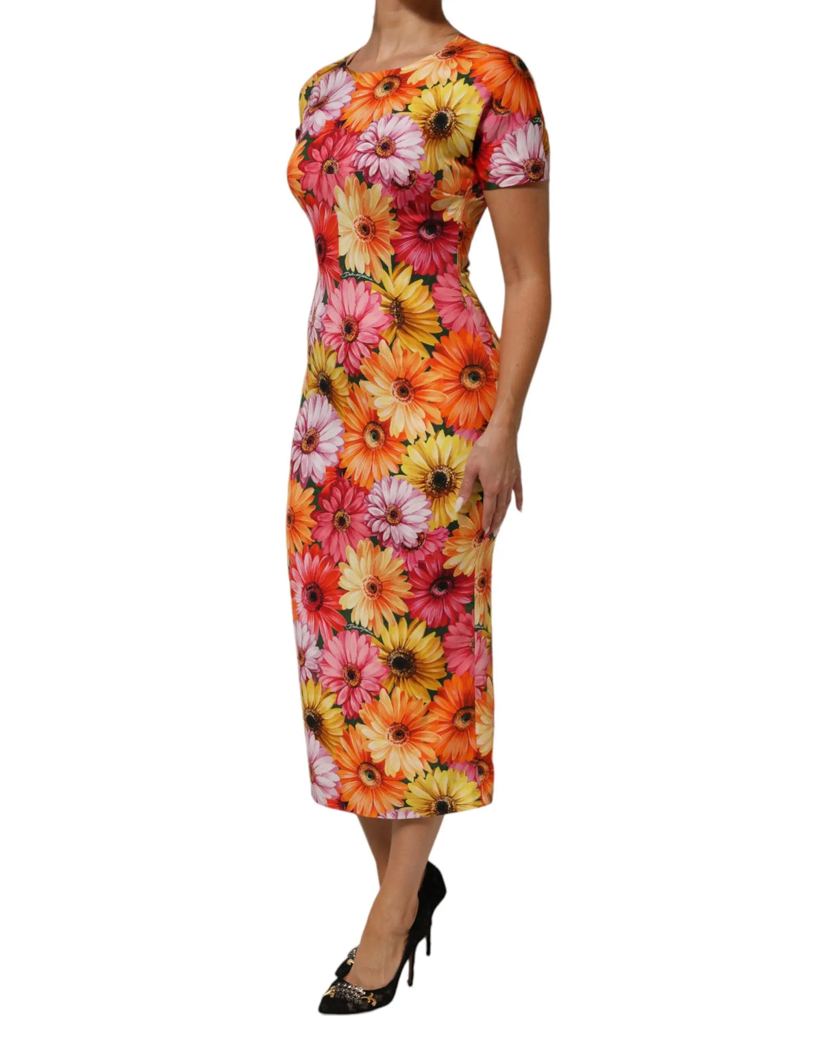 Robe midi en soie imprimé floral multicolore dolce & gabbana avec silhouette ajustée manches courtes et col arrondi