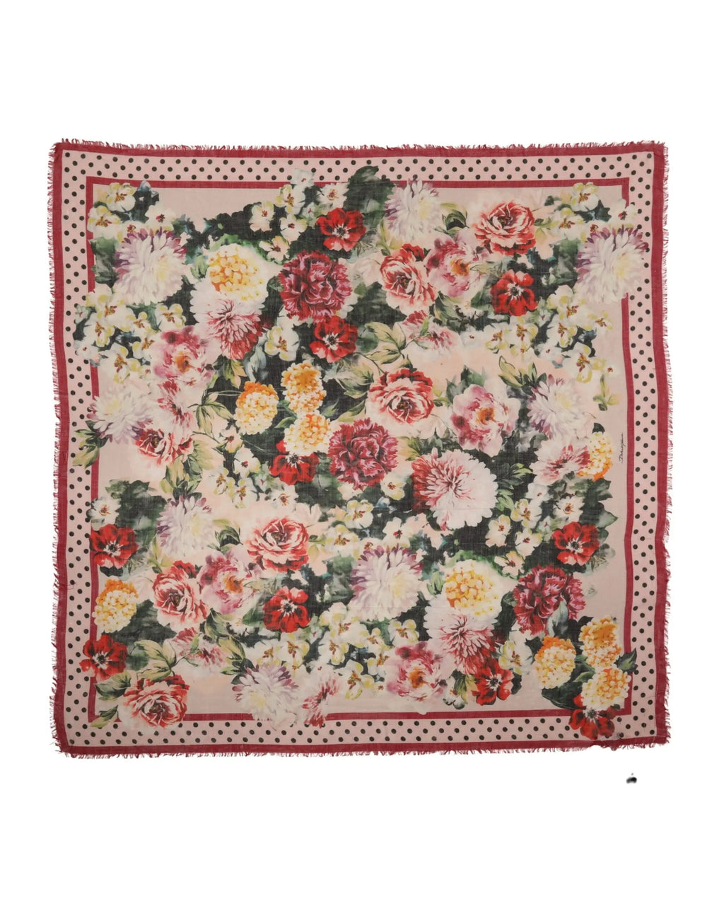 Écharpe carrée en soie crème dolce & gabbana avec motif floral multicolore et bordure à pois rouges