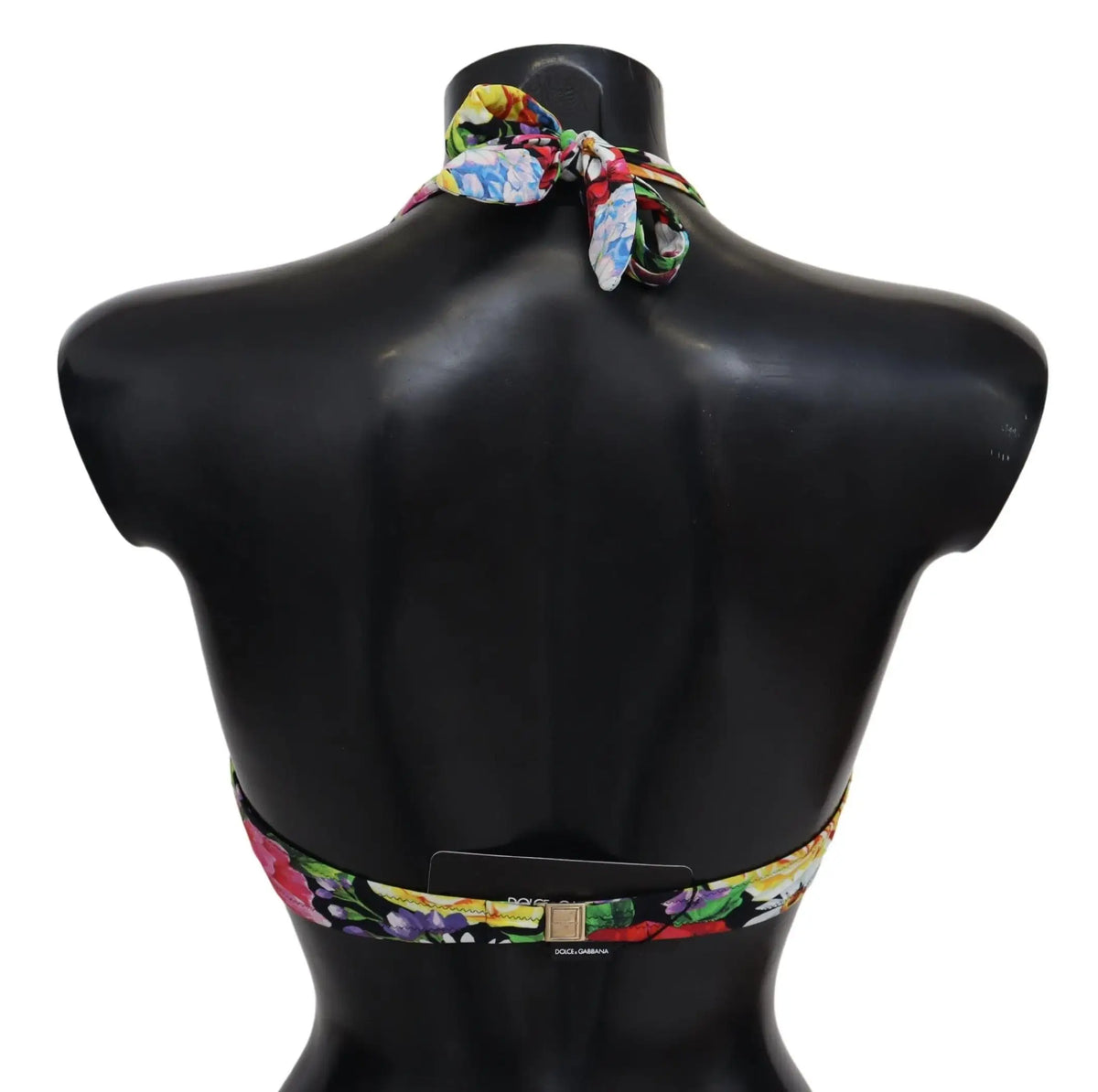 Dolce & gabbana multicolor floral print bikini top with vibrant halter tie-back and matching waistband on black fabric