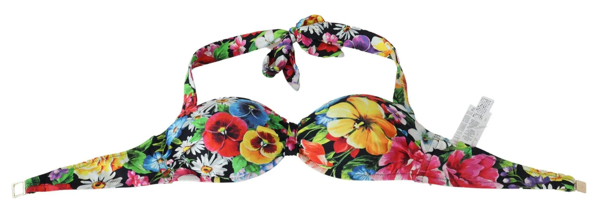 Dolce & gabbana bikini haut à imprimé floral multicolore avec base noire et fleurs rouges jaunes roses bleues et blanches