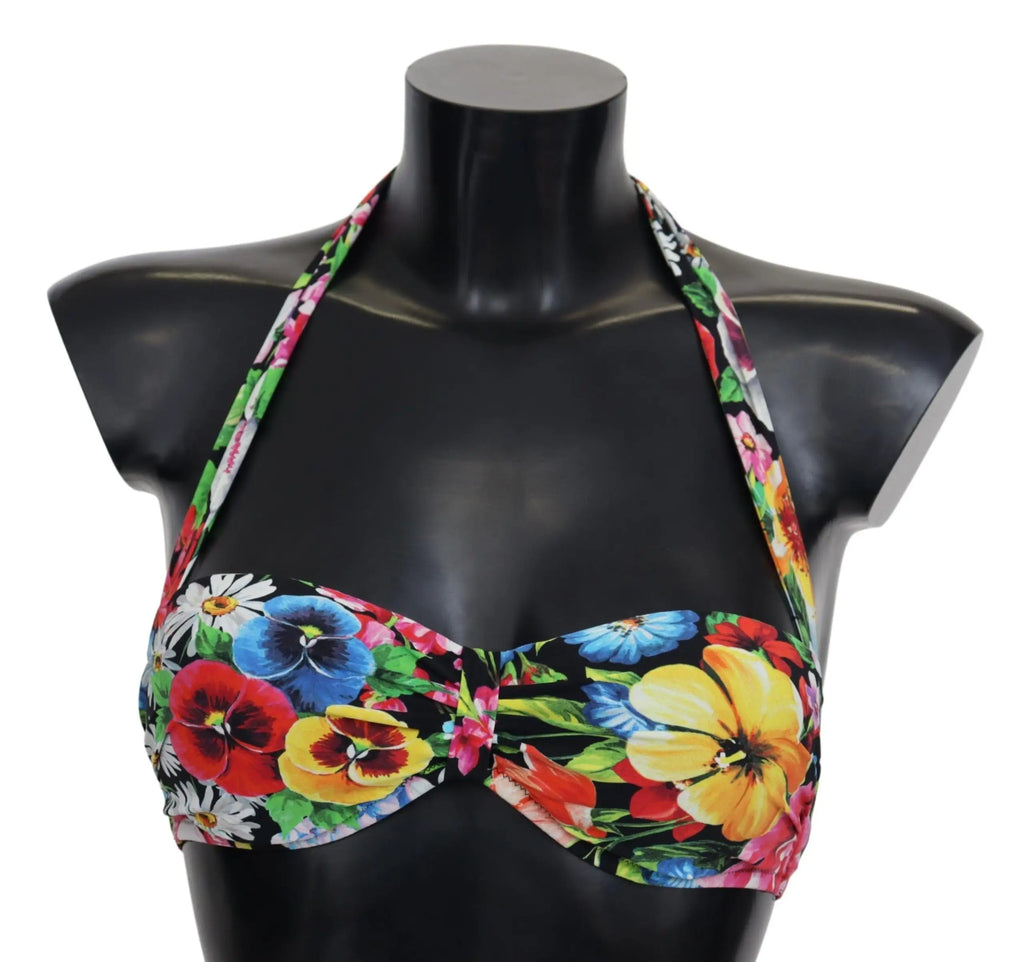 Dolce & gabbana multicolor floral print bikini top à motif de pensées, marguerites et tulipes sur fond noir