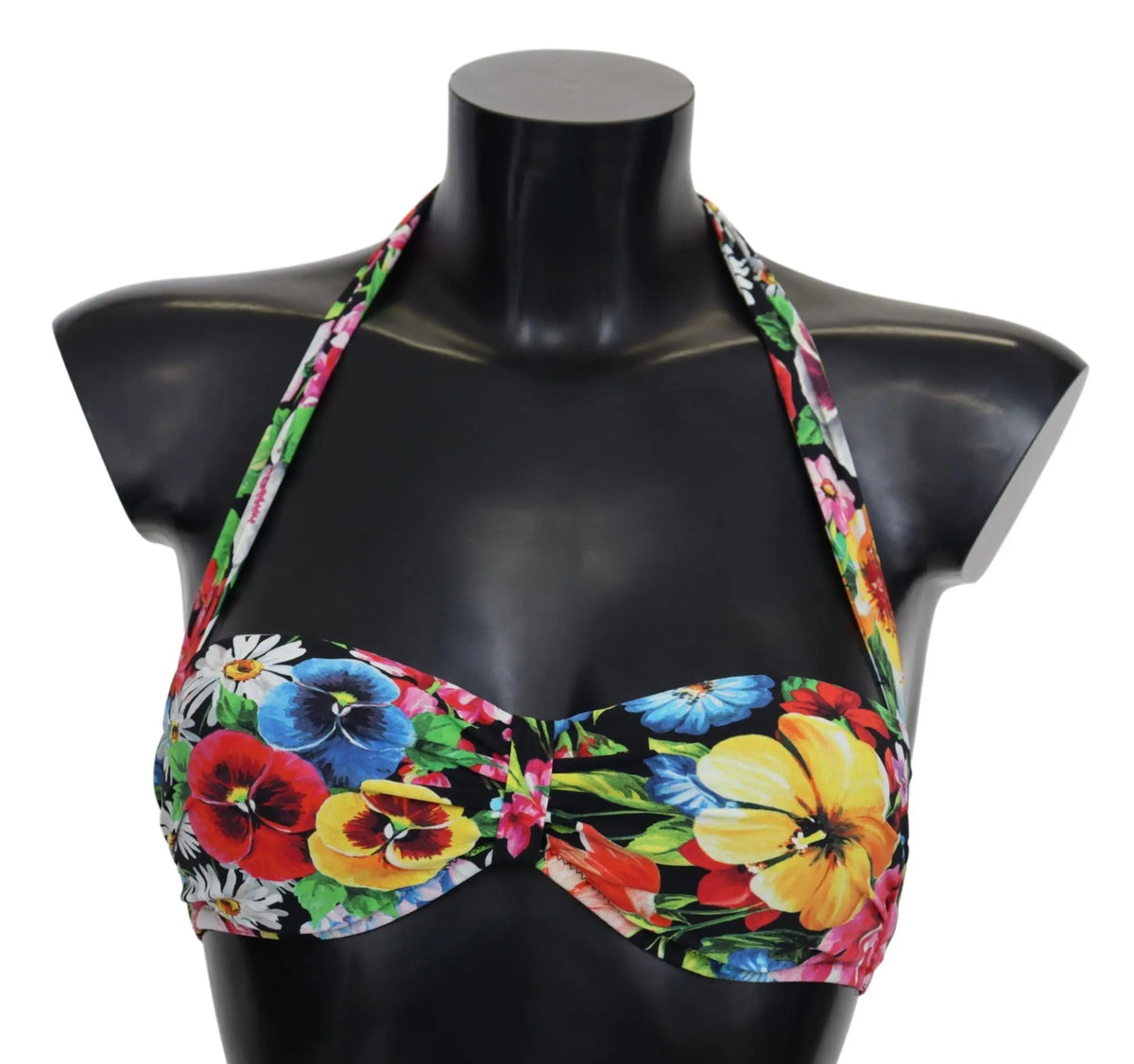Dolce & gabbana multicolor floral print bikini top à motif de pensées, marguerites et tulipes sur fond noir