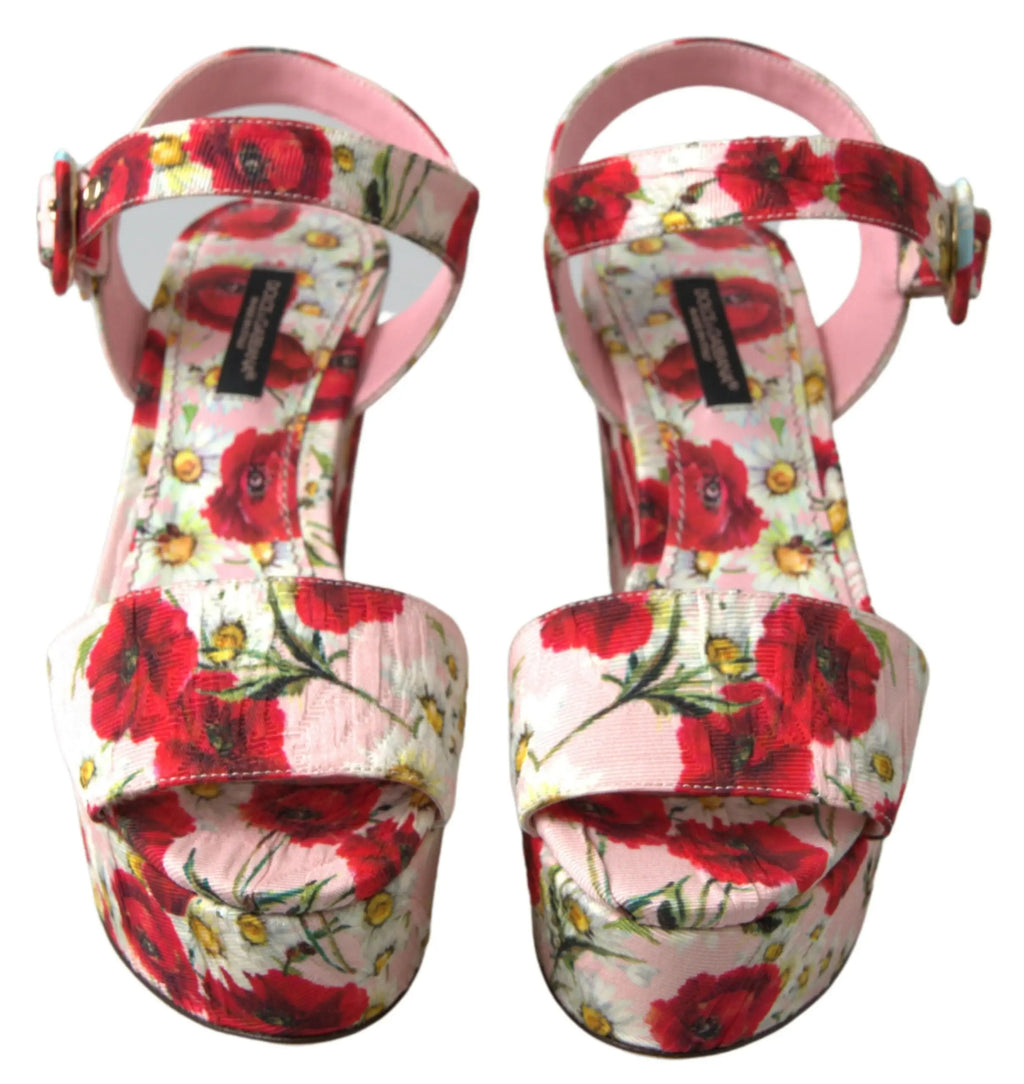 Sandales compensées dolce & gabbana roses à imprimé floral rouge coquelicot et marguerite jaune avec brides réglables